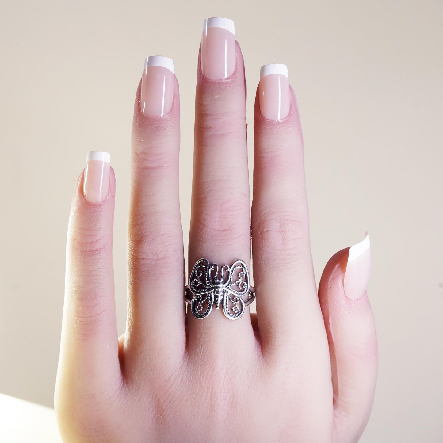 Size 7.25, vintage Sterling silver handmade ring, 925 filigree butterfly band