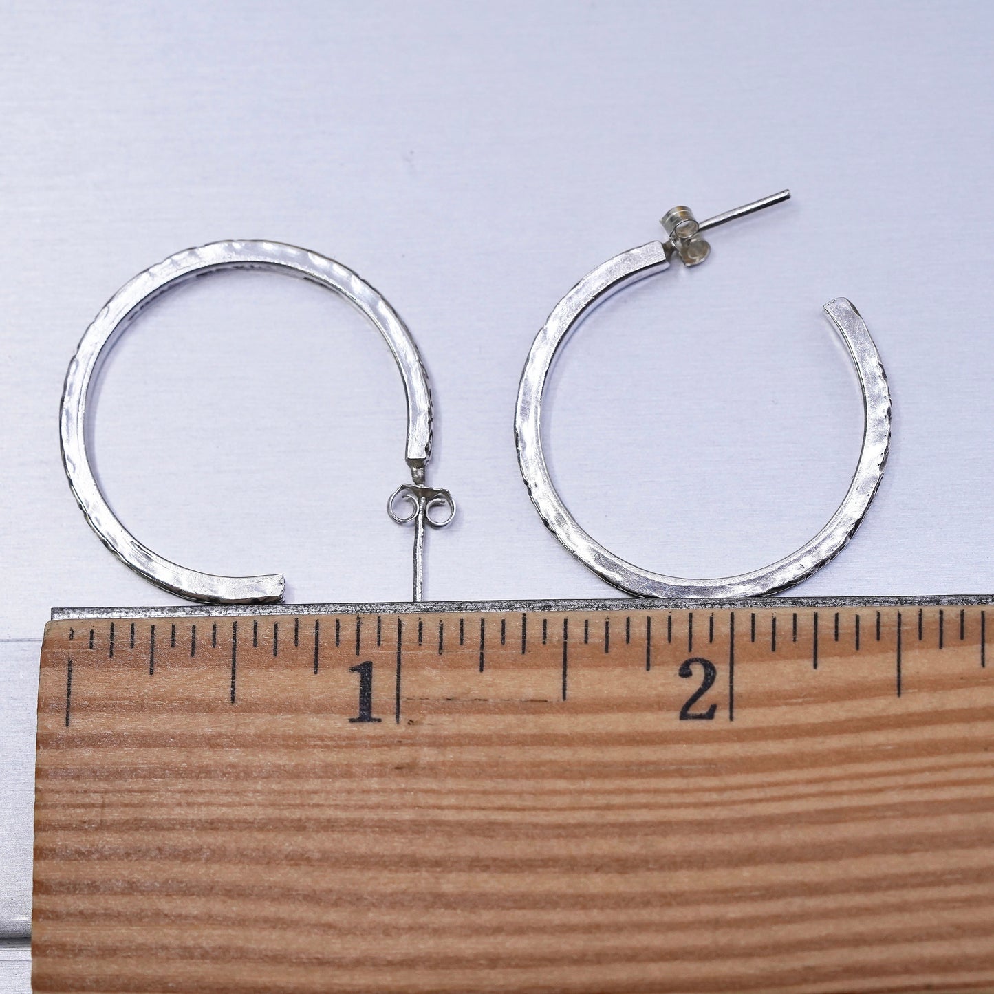 1.25", vintage Sterling silver handmade earrings, 925 textured hoops