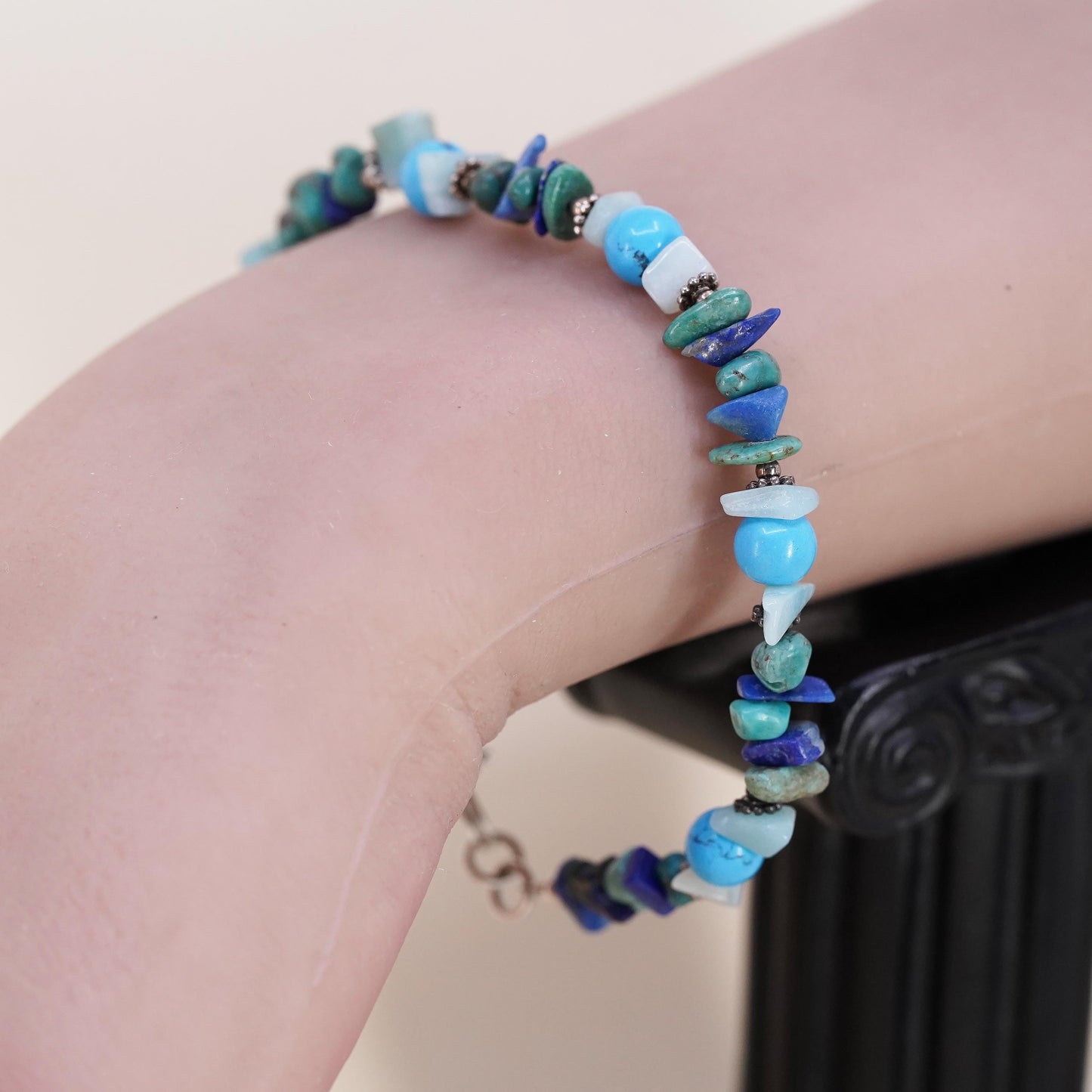 7”, southwestern Sterling 925 silver bracelet turquoise jade lapis lazuli beads