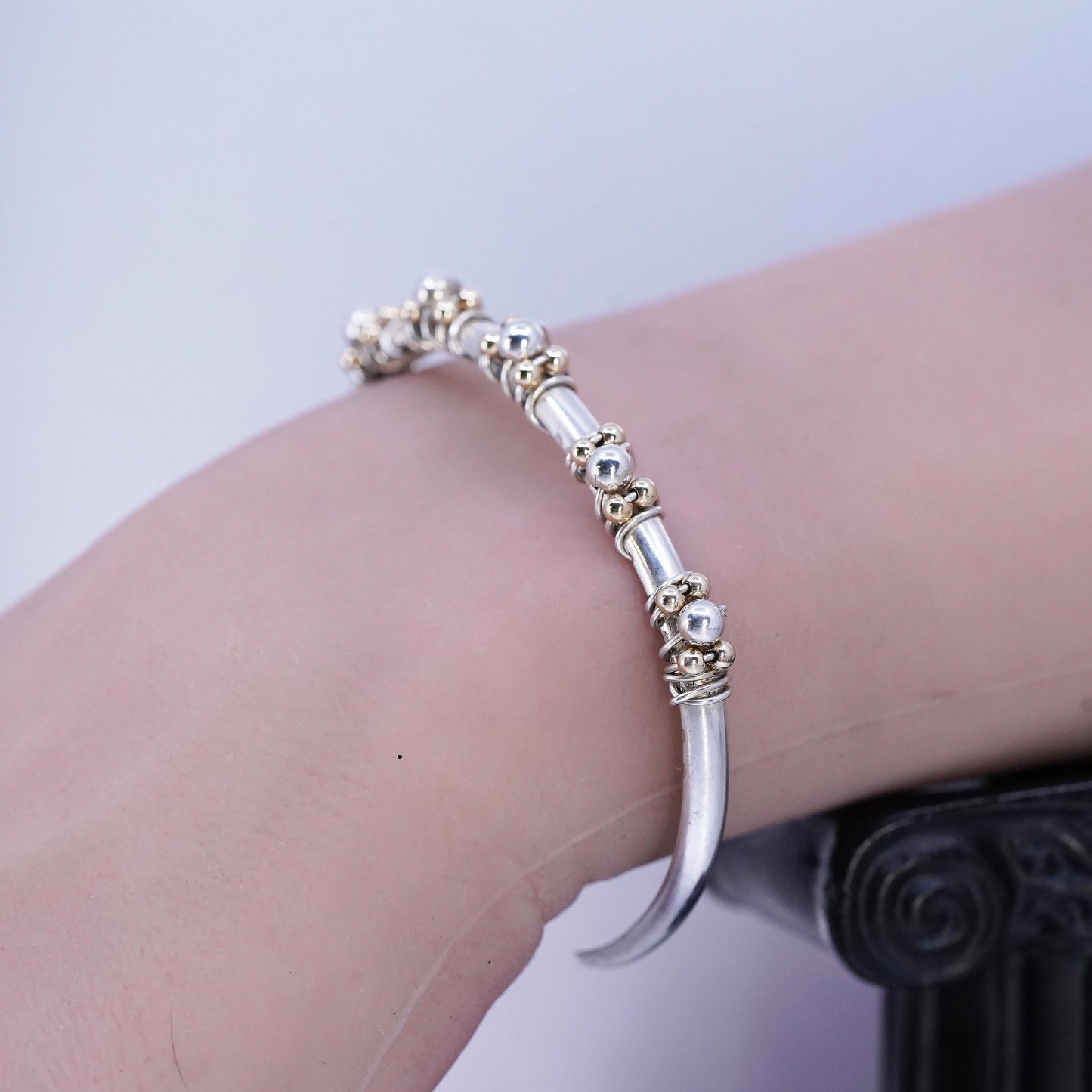 6.25", Marvin Lucas Sterling 925 silver bracelet, cuff 14K yellow gold beads