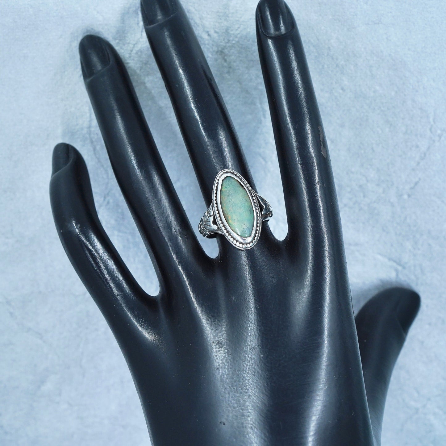 Size 7, vintage Sterling 925 silver handmade ring with marquise shaped opal