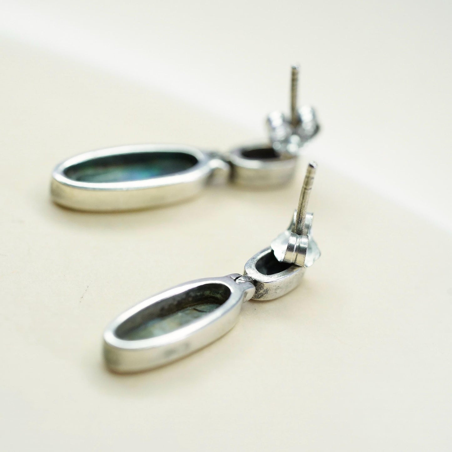 Vintage sterling 925 silver handmade oval earrings with abalone inlay