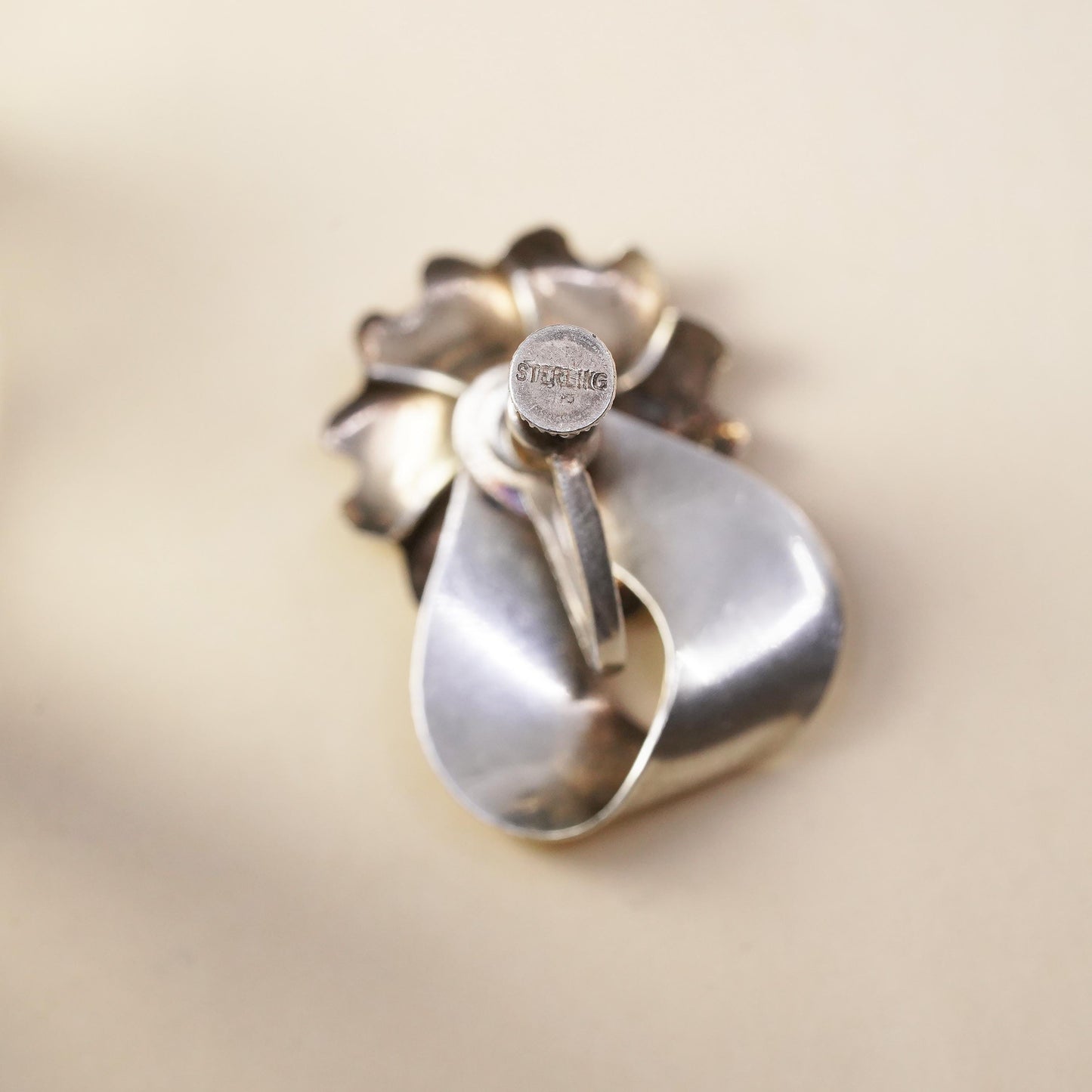 Vintage sterling silver handmade single earring, 925 screw back flower