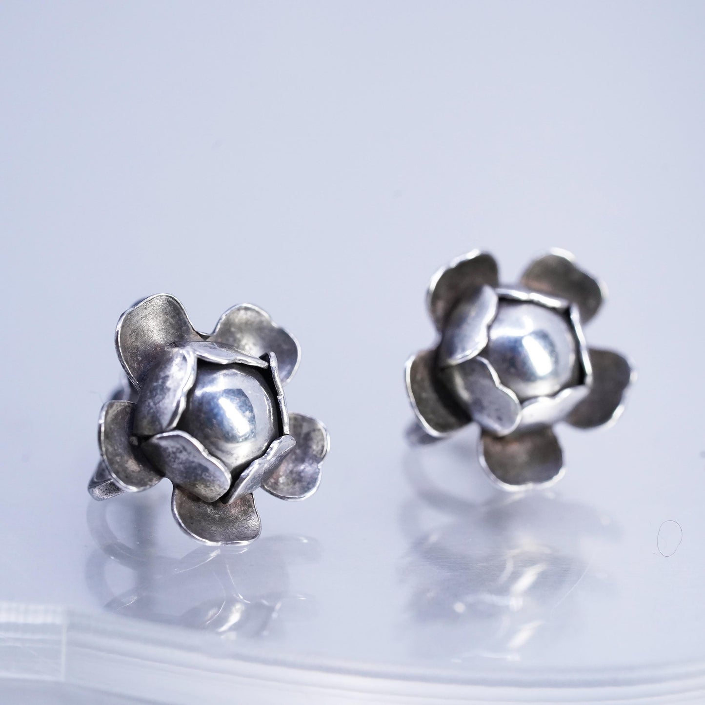Vintage Sterling 925 silver handmade earrings, screw back flower