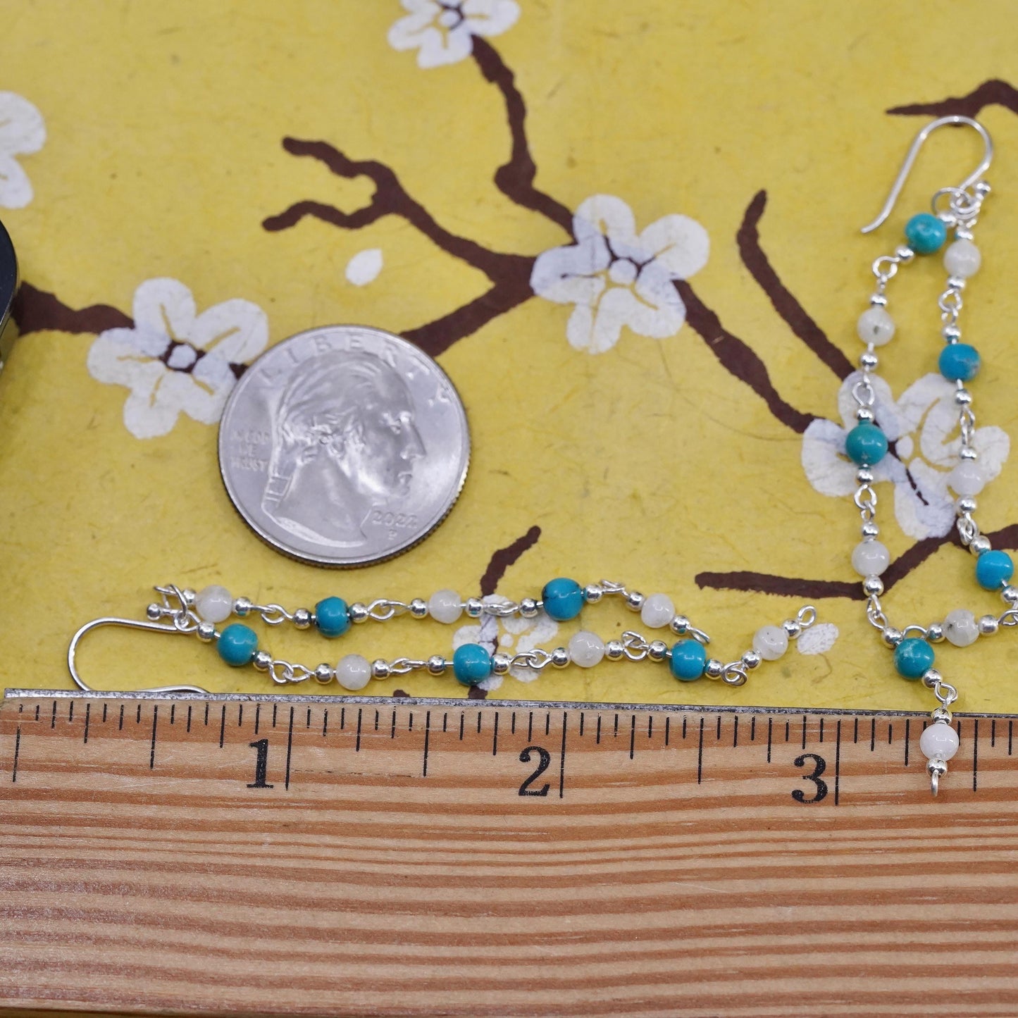 Vintage Sterling 925 silver handmade long earrings w/ turquoise moonstone bead