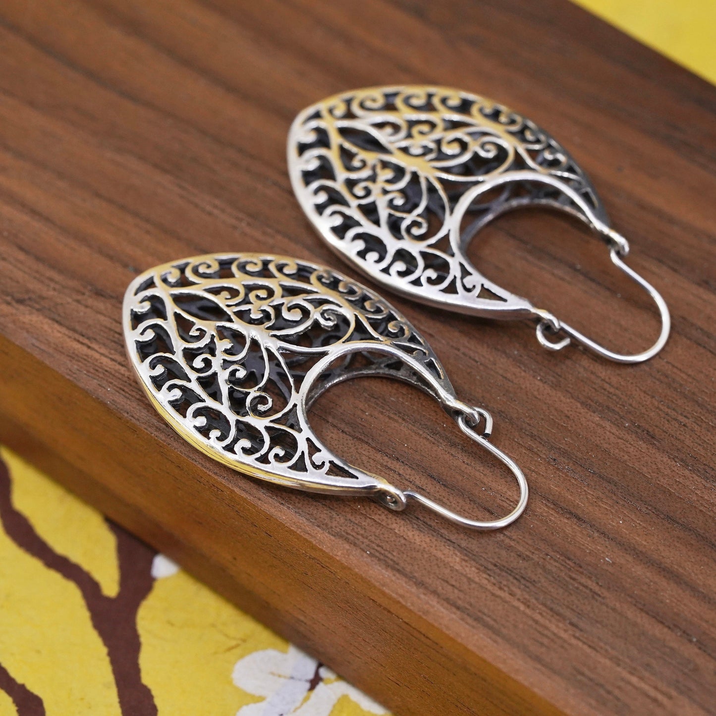 1.75", VTG Sterling silver filigree earrings, 925 handmade oval huggie hoops