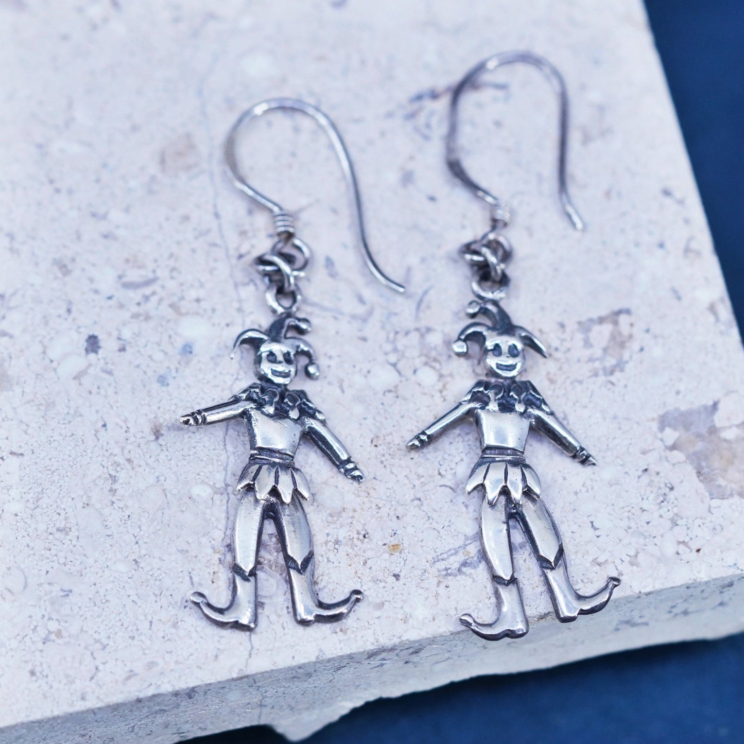 Vintage sterling silver handmade earrings, 925 joker clown dangles