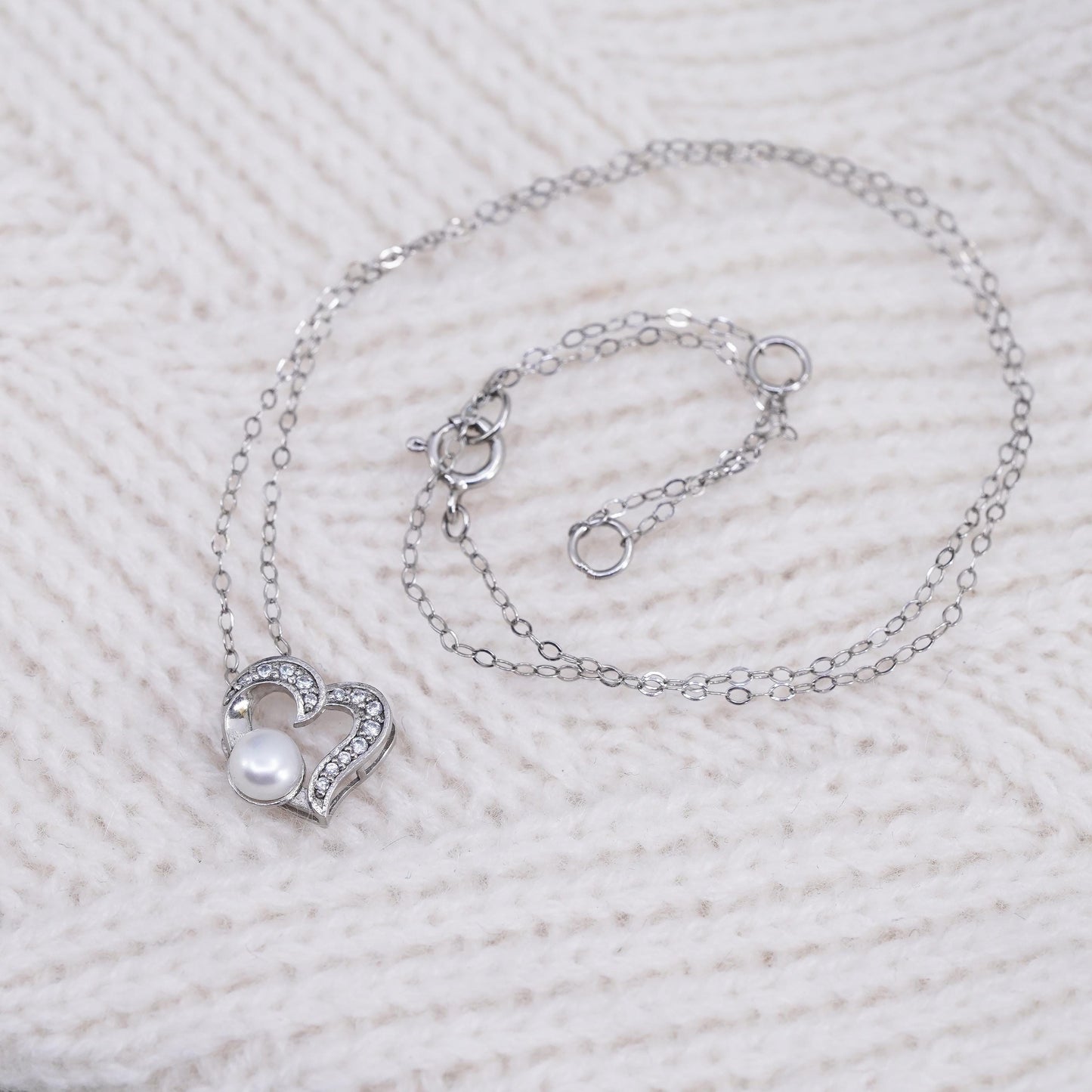 16+2", Vintage handmade Sterling silver flatten Circle link chain heart pearl