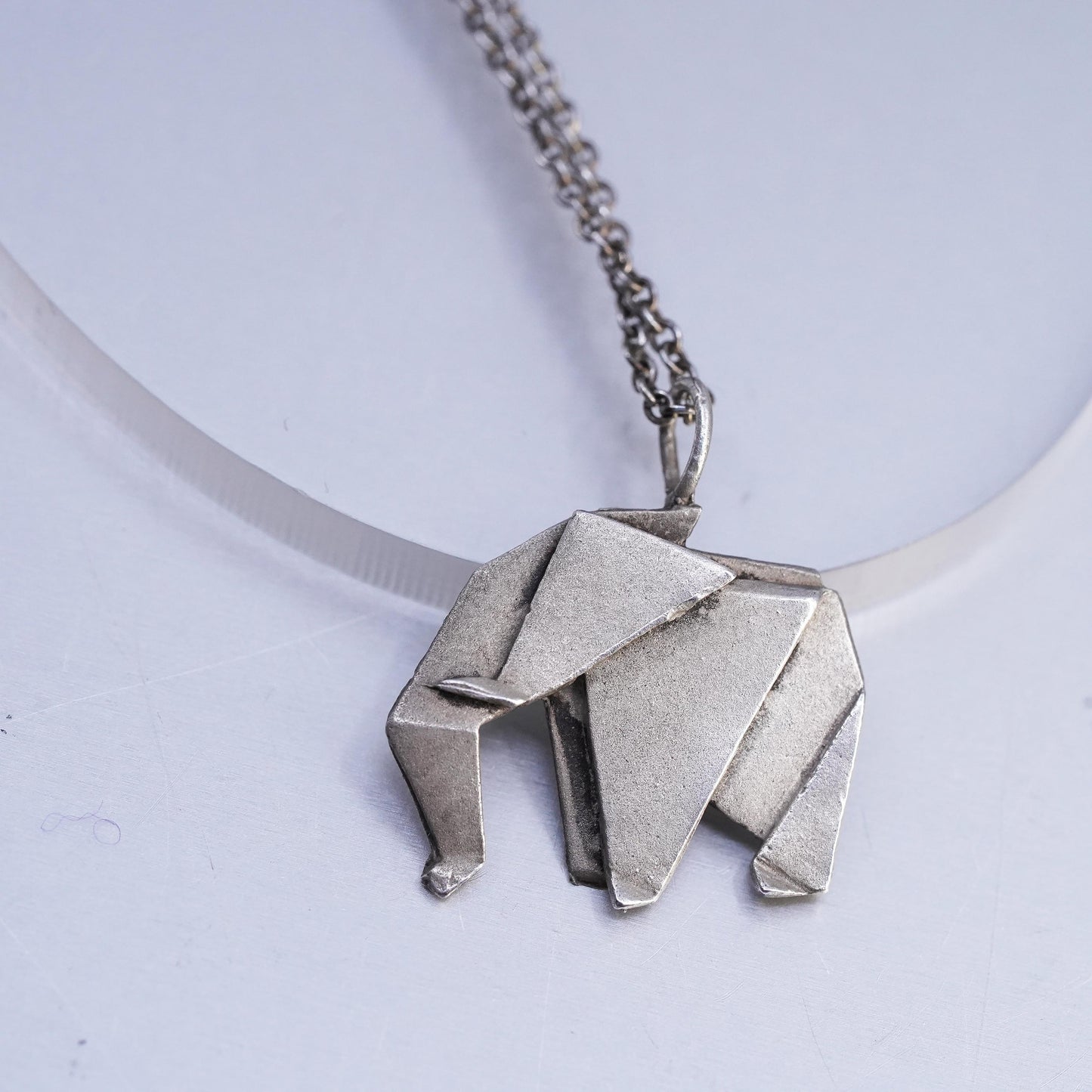 19", Vintage Sterling 925 silver circle necklace with origami elephant pendant