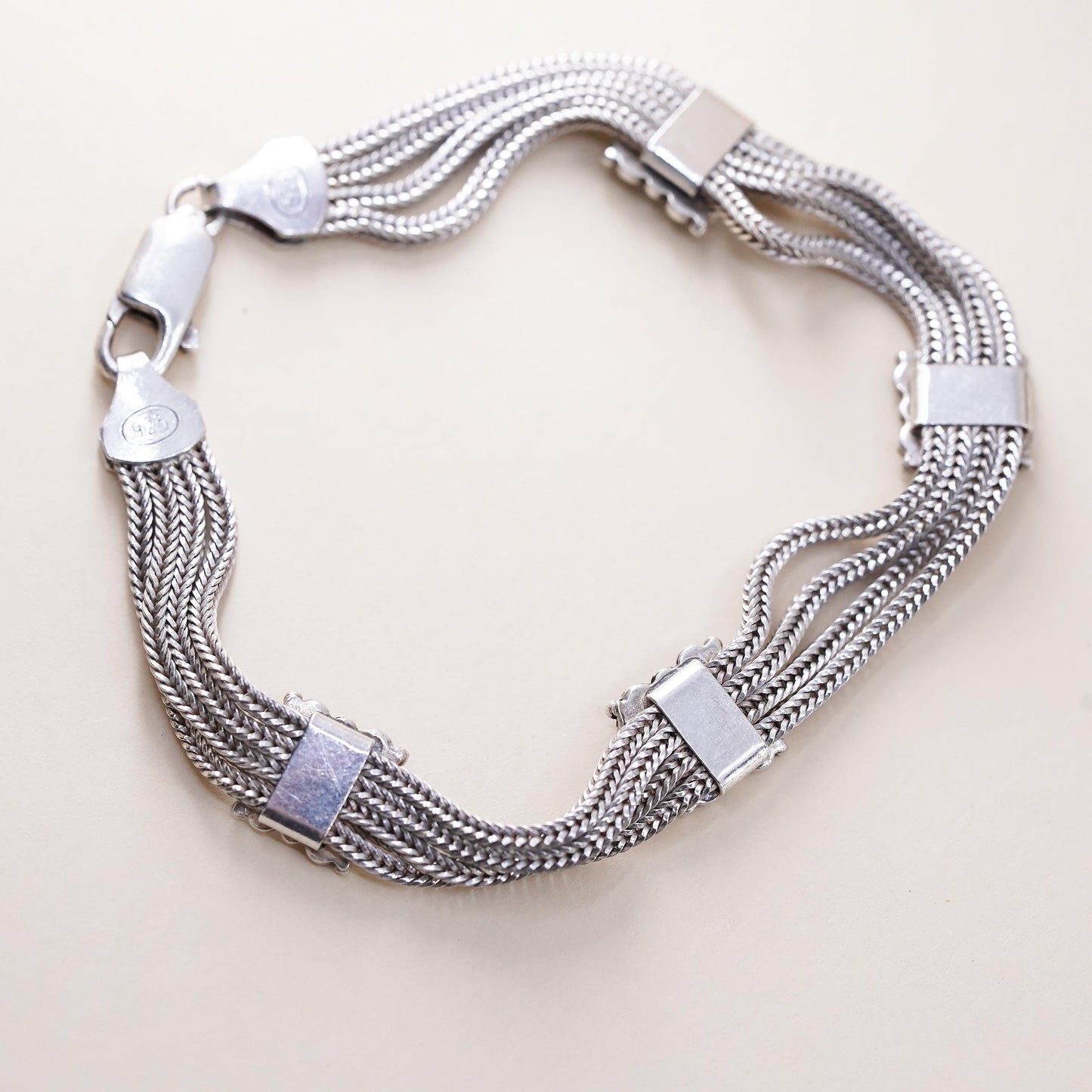 7”, VTG sterling silver bracelet, multi strands 925 wheat chain color crystal