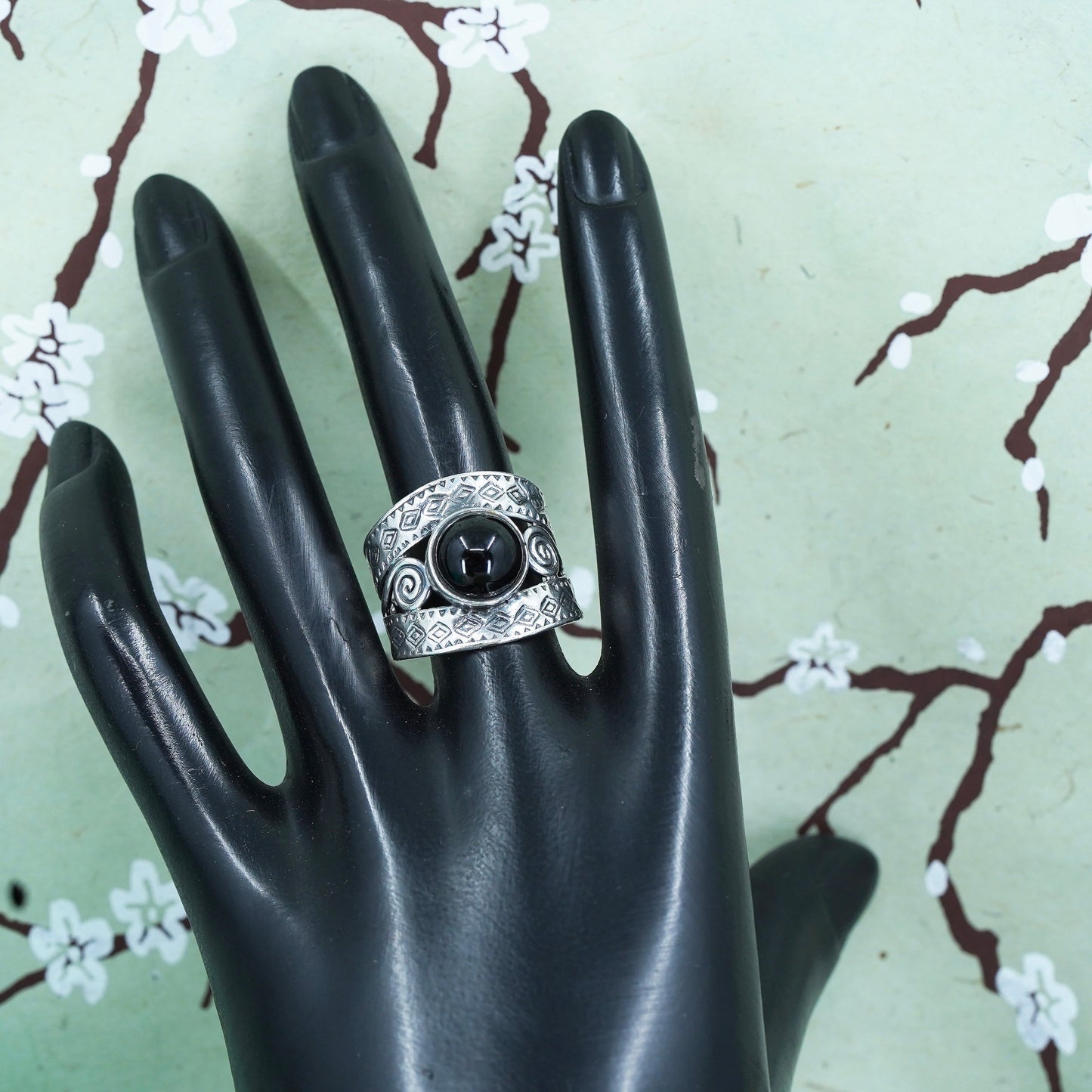 Size 7, sterling silver handmade ring, Mexico 925 ring with round obsidian