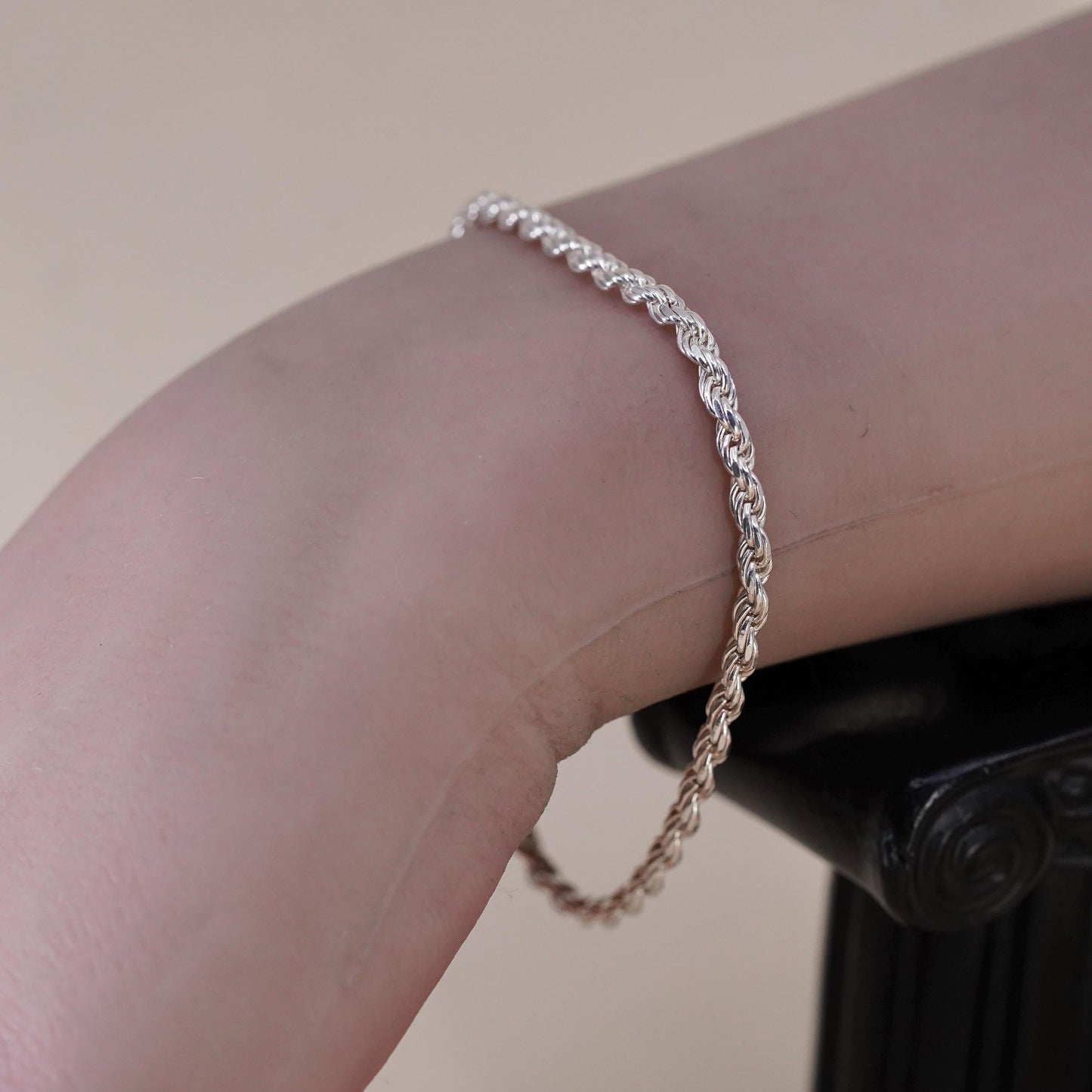 7" 3mm, Vintage Italian sterling 925 silver rope chain bracelet