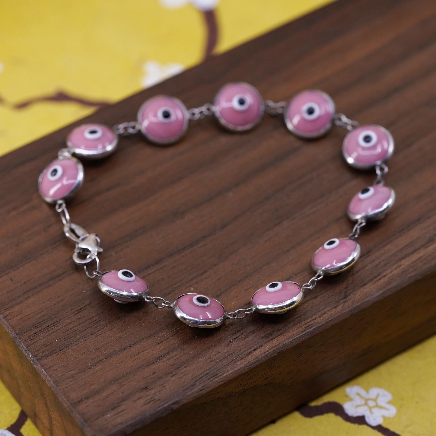 6.75", vintage sterling 925 silver handmade bracelet pink evil eye bracelet