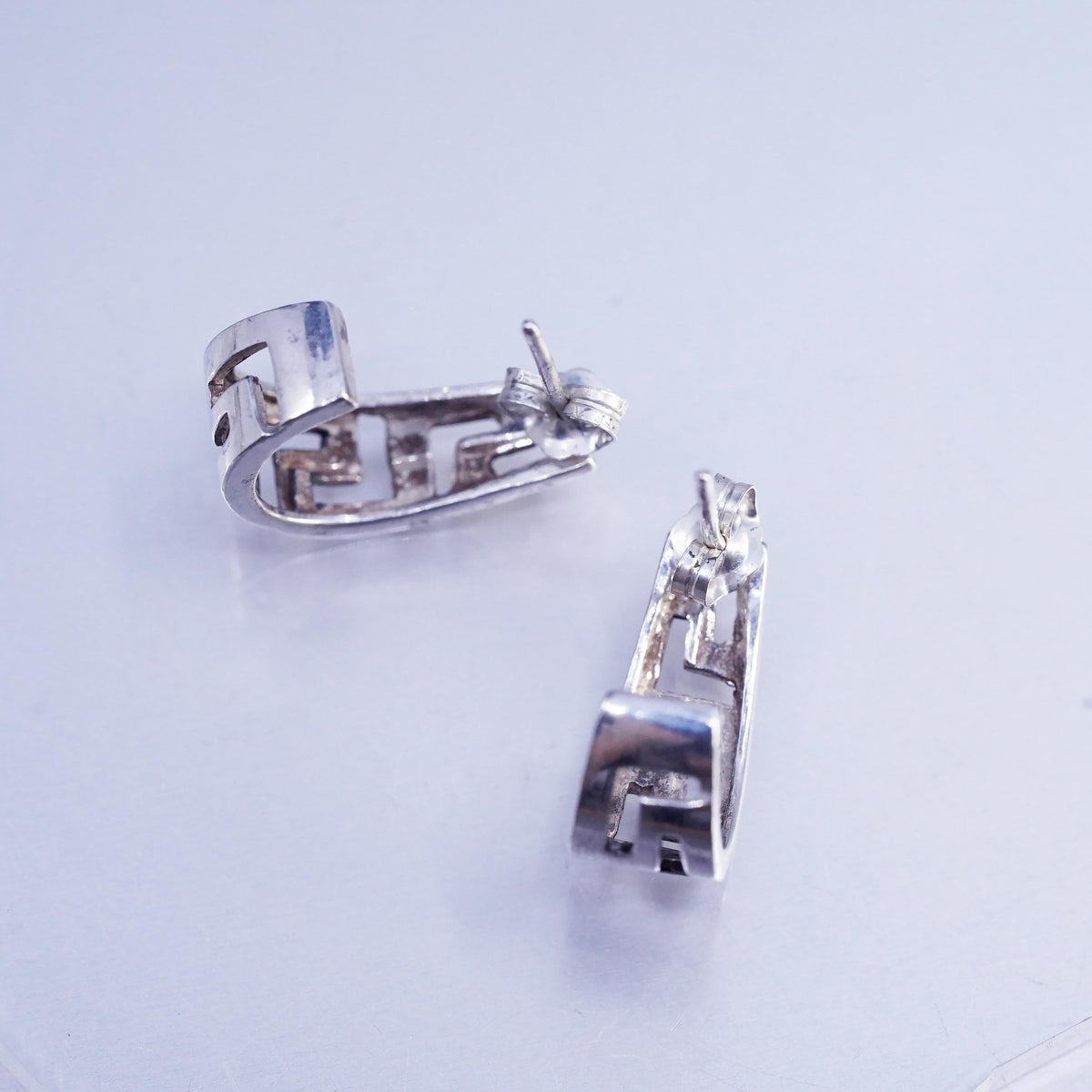 Vintage Sterling 925 silver handmade huggie studs earrings Greek key cut out