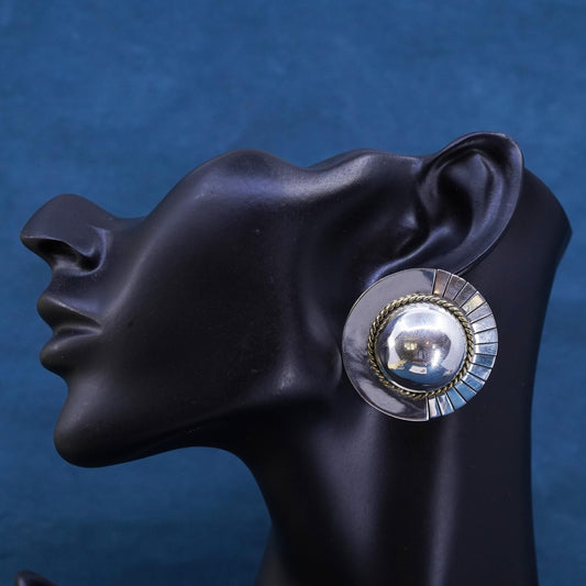 two tone Mexican Sterling silver earrings, 925 sun circle clip on brass cable