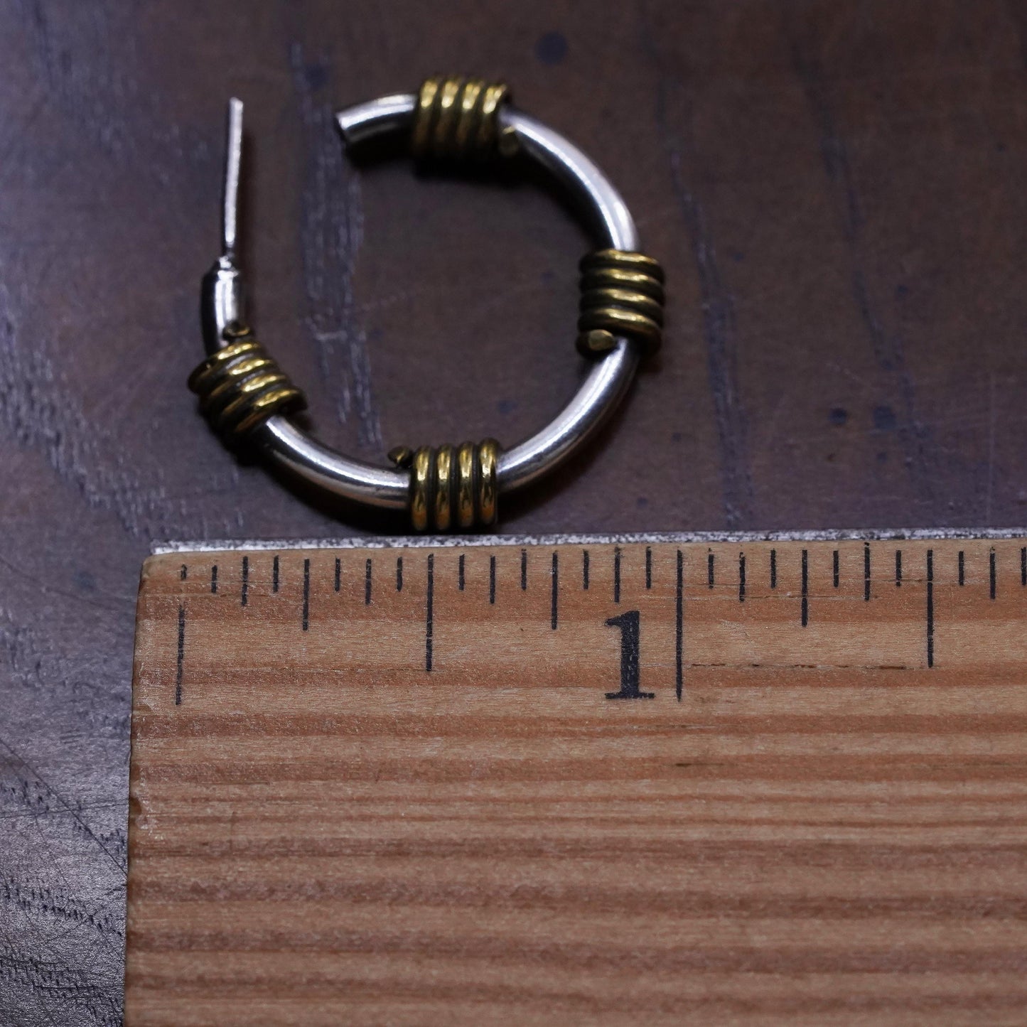 1", Vintage two tone sterling silver single earring, hoop stud with brass wired