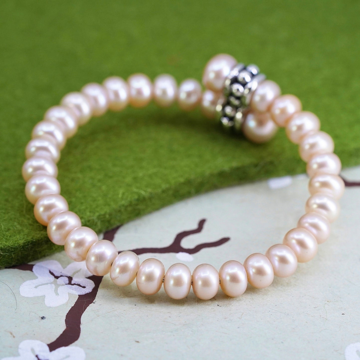 6.5”, vintage sterling silver bracelet, 925 cuff wrap bangle with 8mm pearl