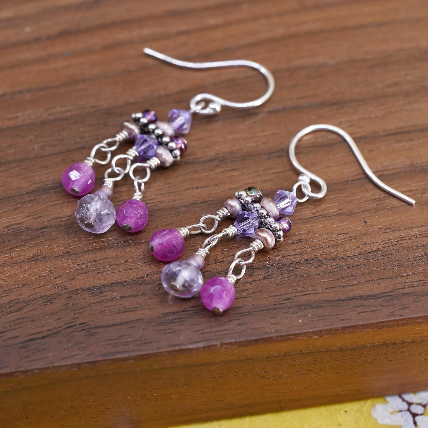 Vintage Sterling 925 silver handmade earrings with crystal and ruby beads