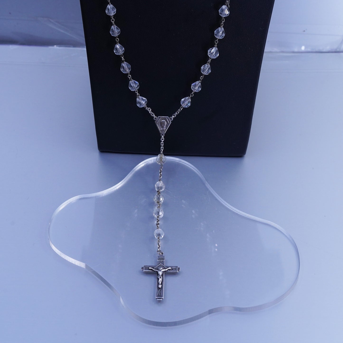 24”, Germany sterling 800 silver rosary necklace bead Jesus cross pendant