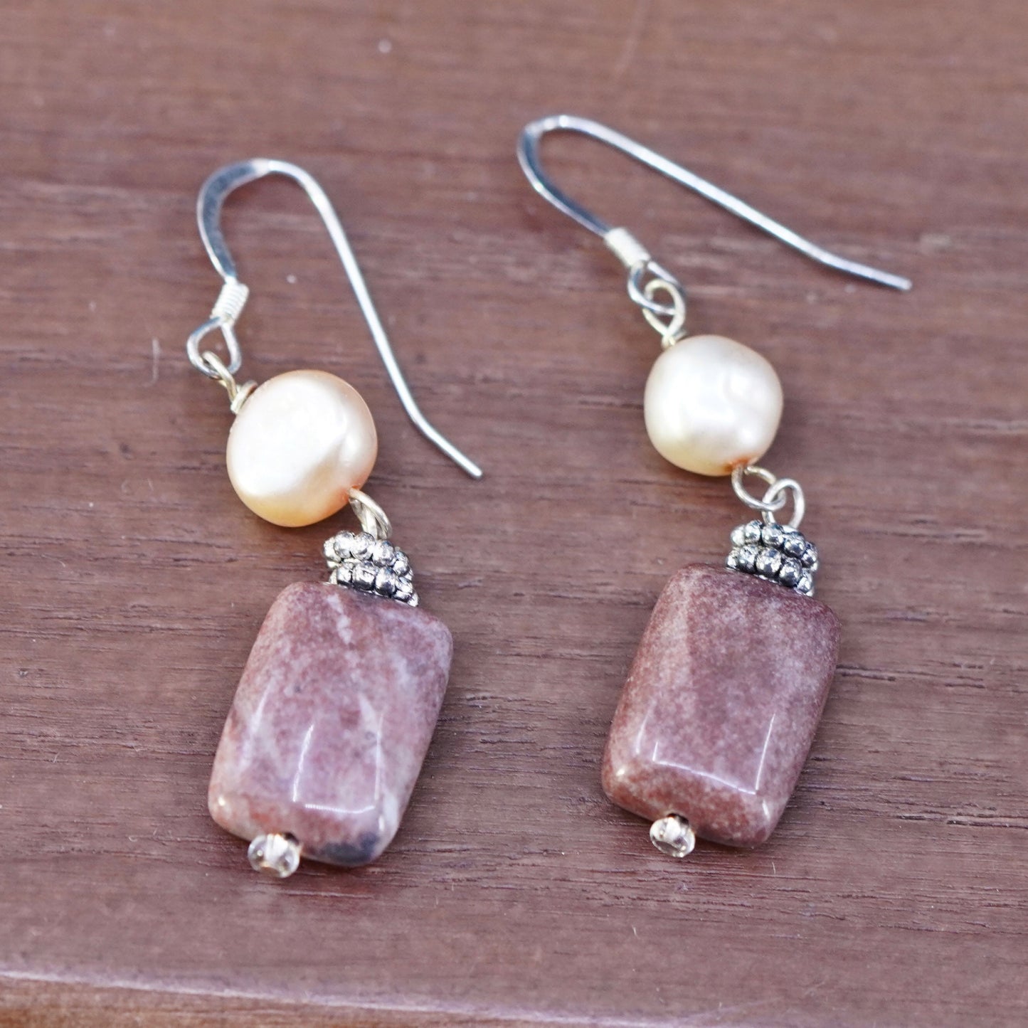 Vintage Sterling 925 silver handmade earrings with pearl and jasper