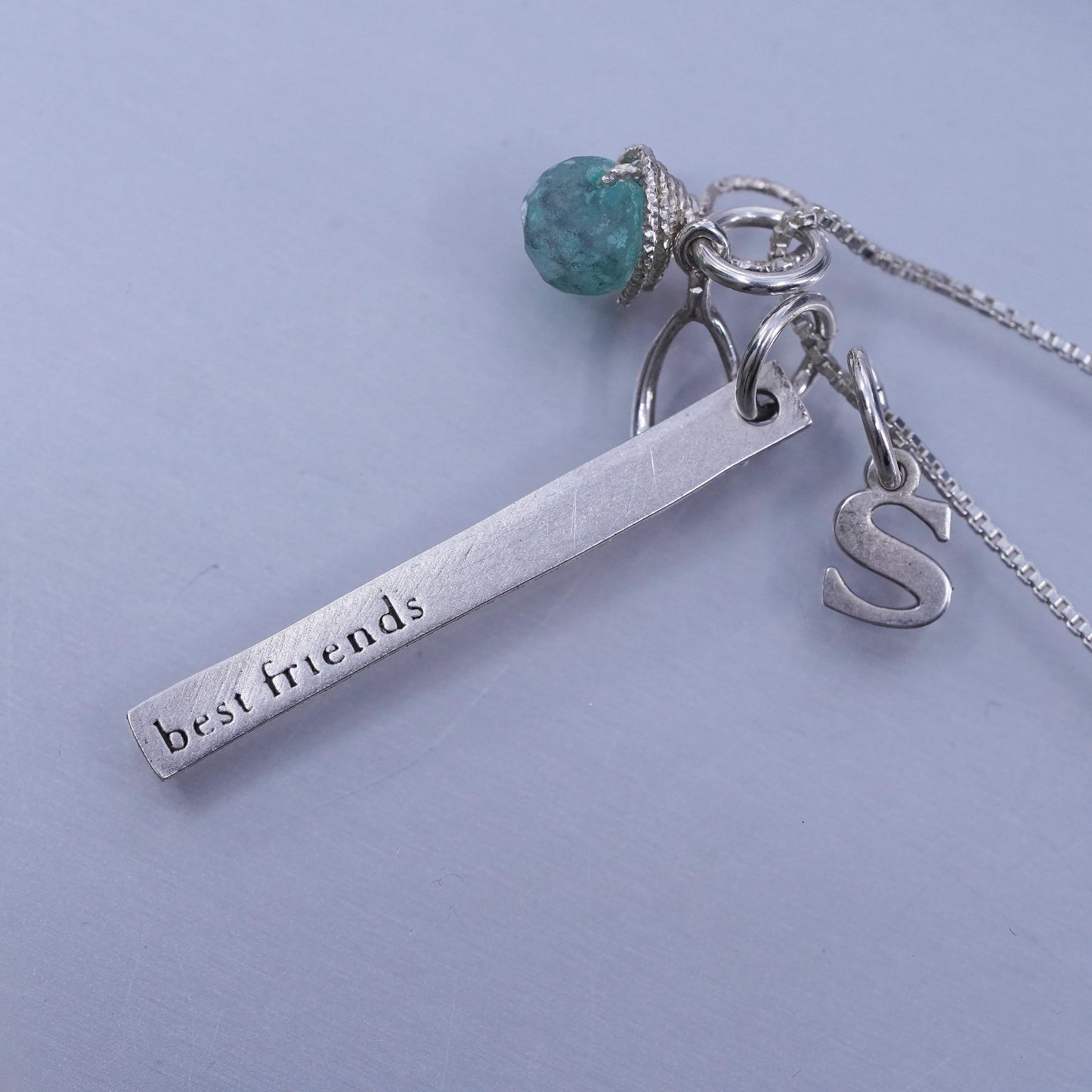 16”, Sterling 925 silver box necklace wishbone S best friends charms pendant