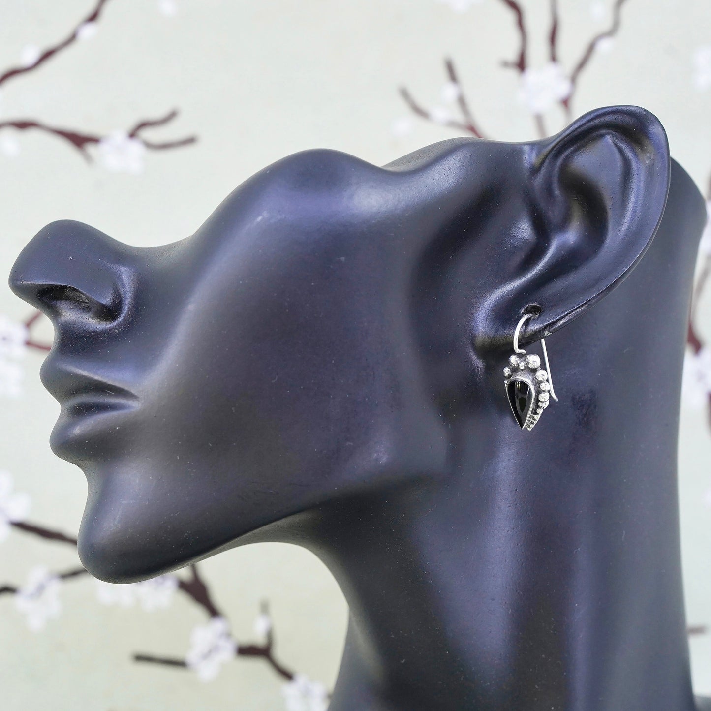 Vintage sterling 925 silver handmade earrings with teardrop onyx and beads