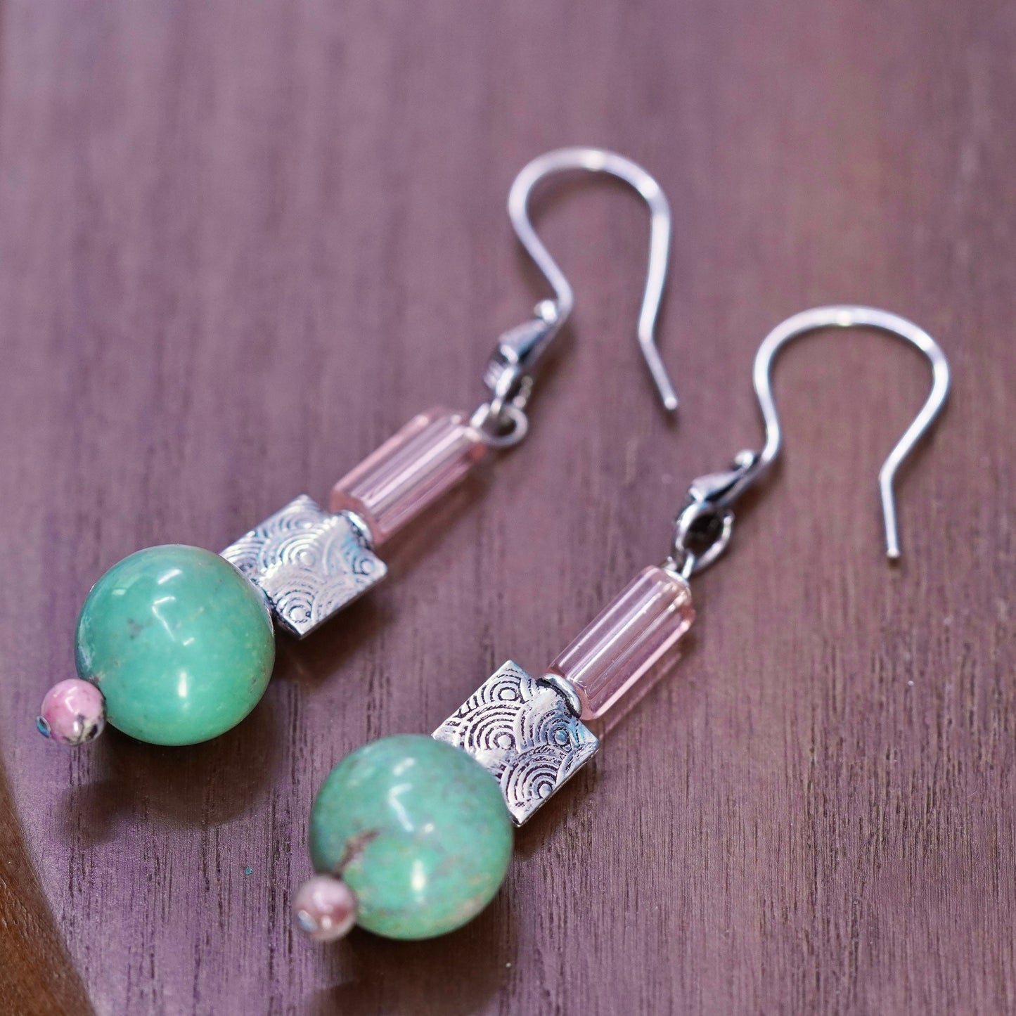 2”, sterling silver handmade earrings, 925 hooks with turquoise pink crystal