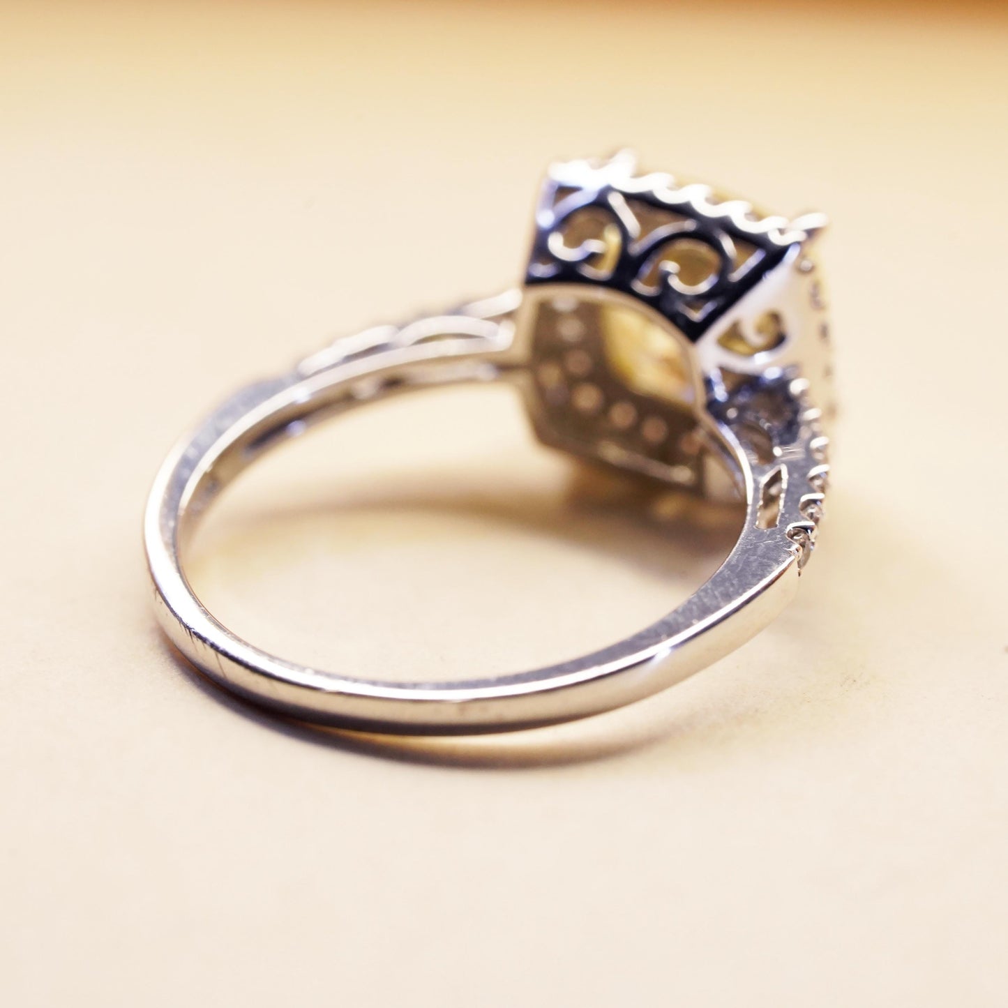 Size 6.5, vintage Sterling 925 silver ring with square citrine and cluster cz