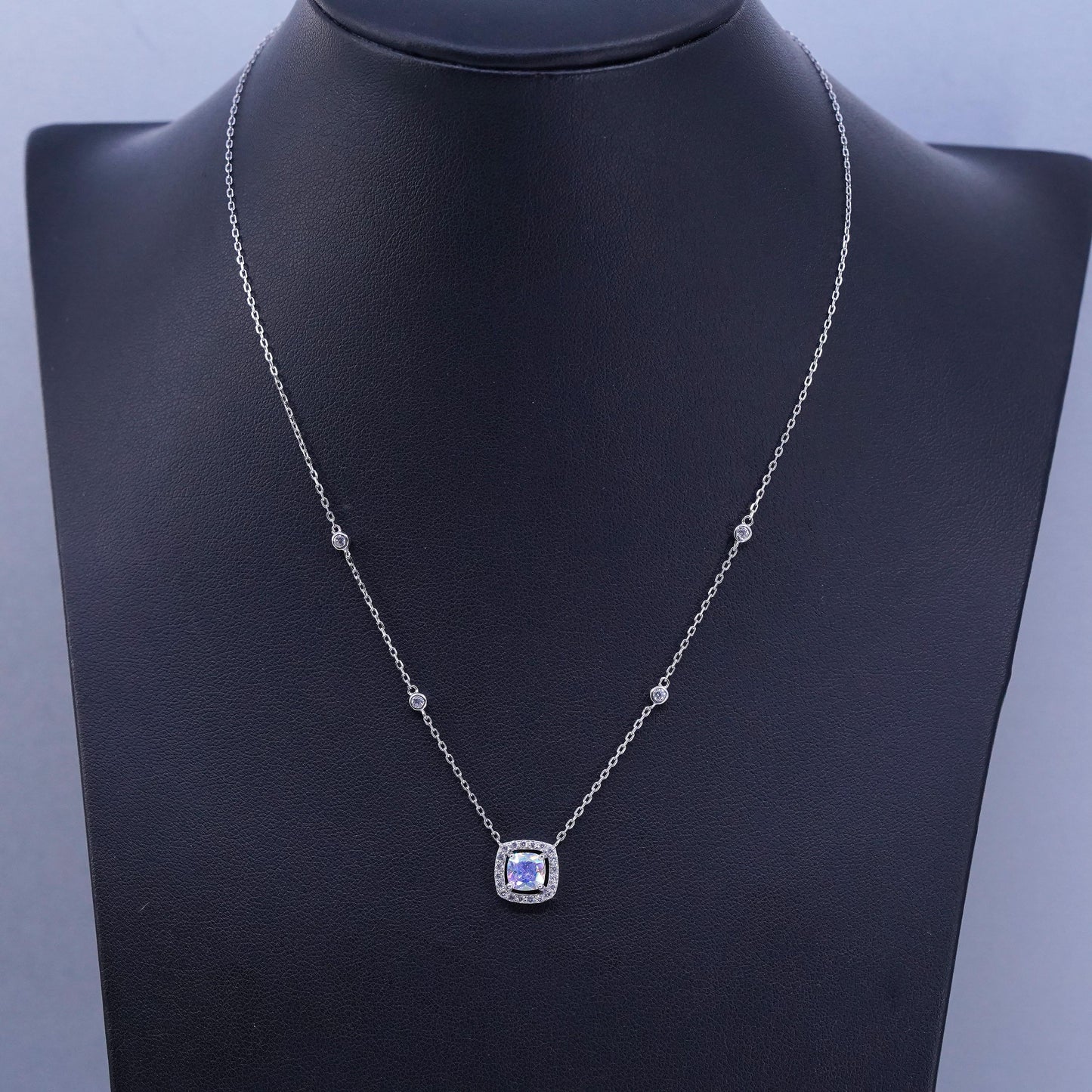 16+2”, vintage Sterling 925 silver circle necklace with cz square pendant