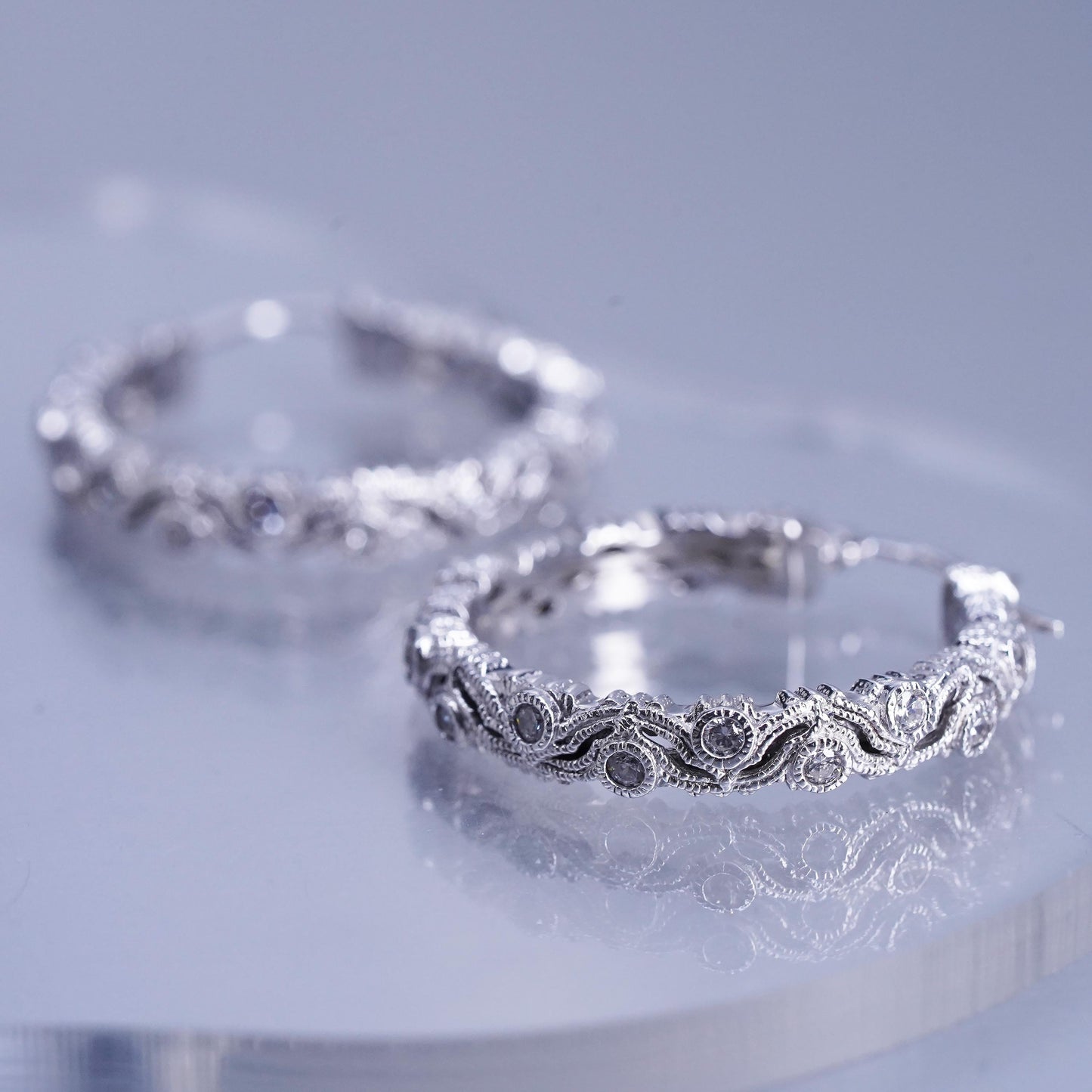 1.25”, vintage Sterling silver handmade earrings, 925 huggie hoops cluster Cz