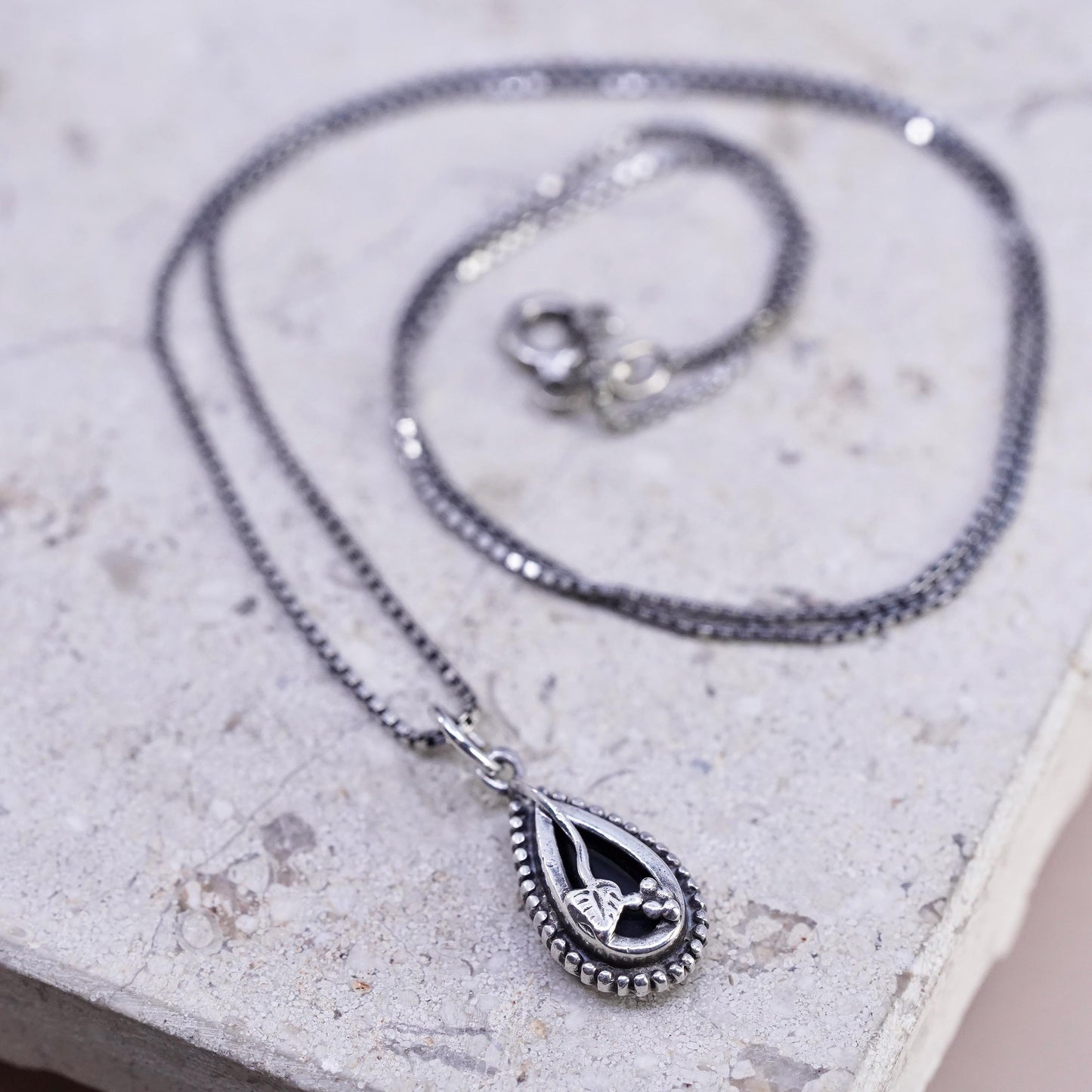 20" 1mm, vintage Sterling silver handmade necklace, 925 box link chain with teardrop onyx pendant, stamped 925