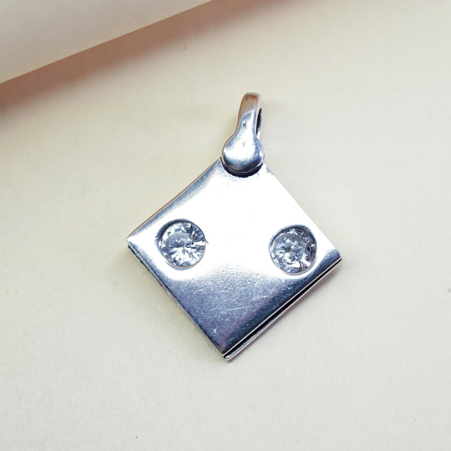 Vintage sterling 925 silver handmade diamond shaped handmade charm with cz