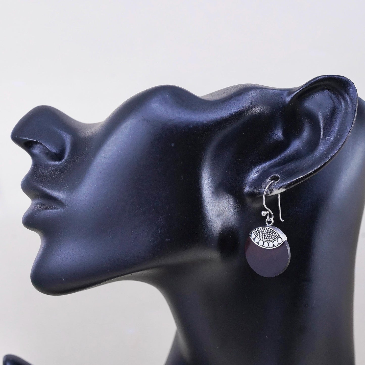 Vintage sterling silver handmade earrings, red mother of pearl round drops bead
