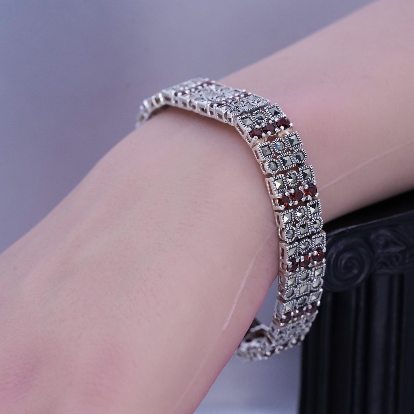 7”, Sterling 925 silver handmade tennis bracelet with garnet and marcasite