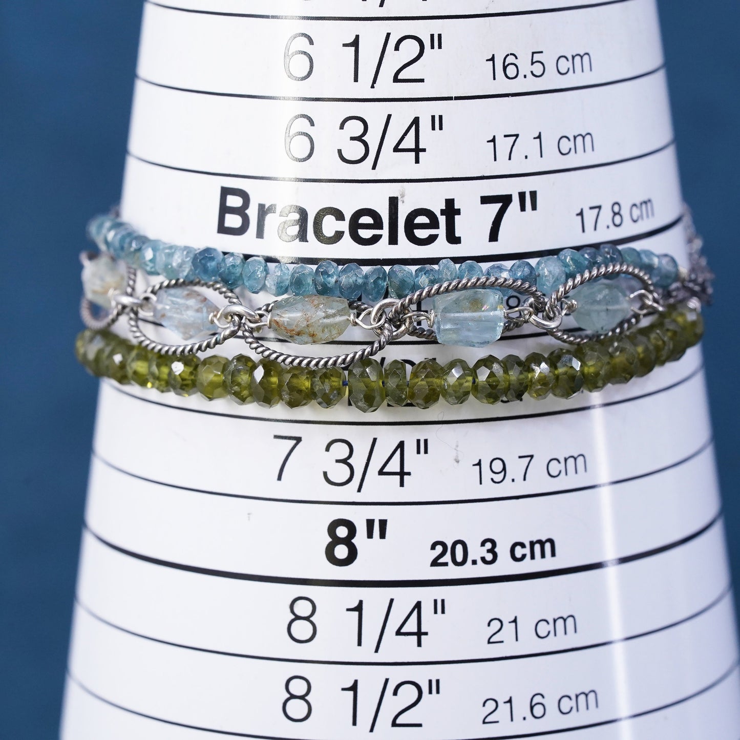 7.25", Sterling silver handmade multi strands bracelet with green peridot beads