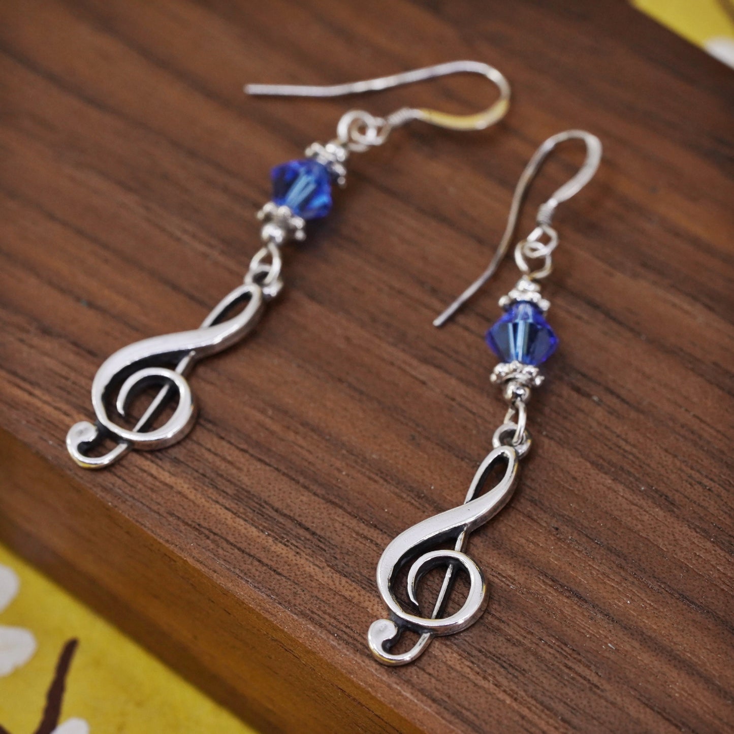 Vintage Sterling silver handmade earrings, 925 music note with blue crystal