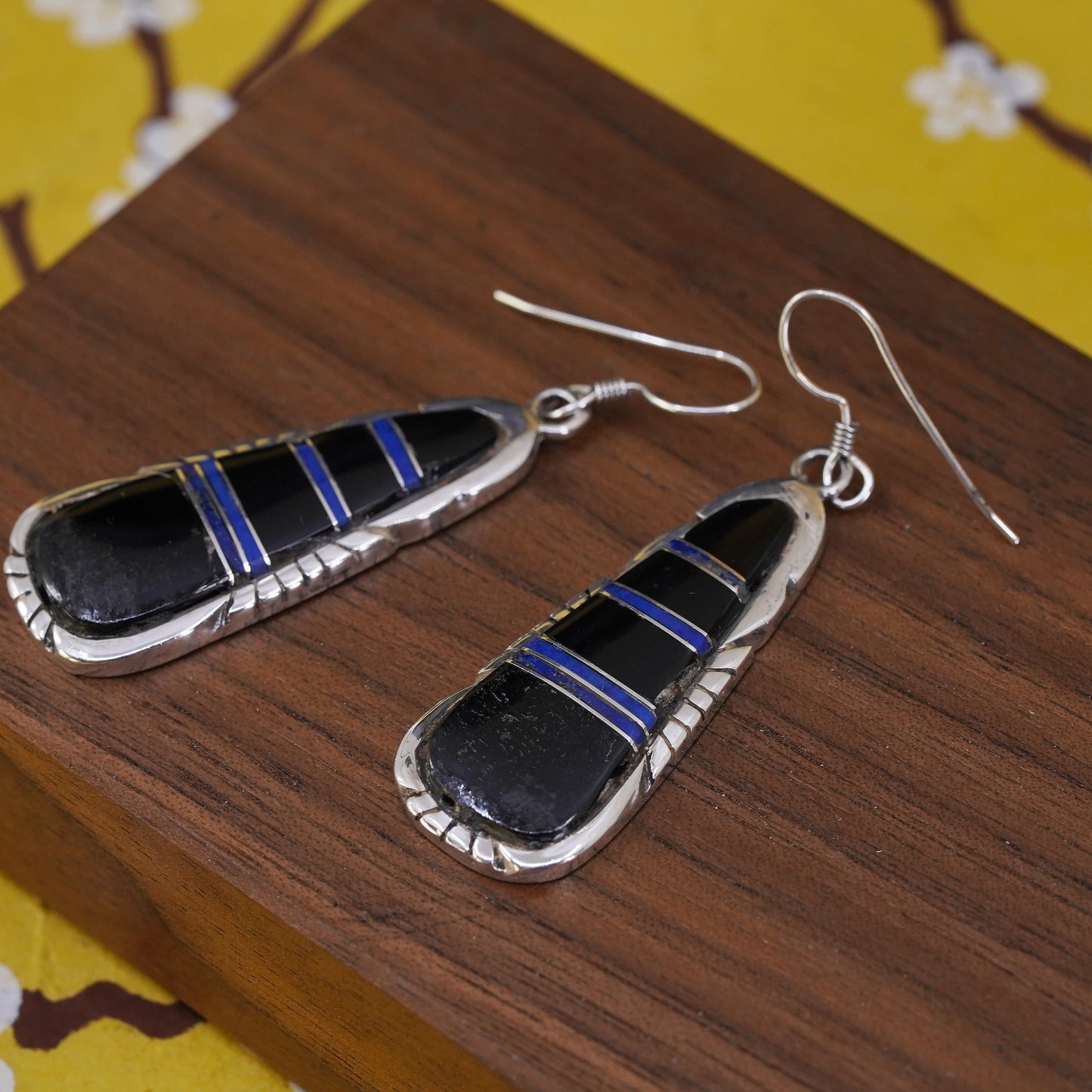Native American Ben Boyd sterling silver earrings, Navajo 925 teardrop onyx