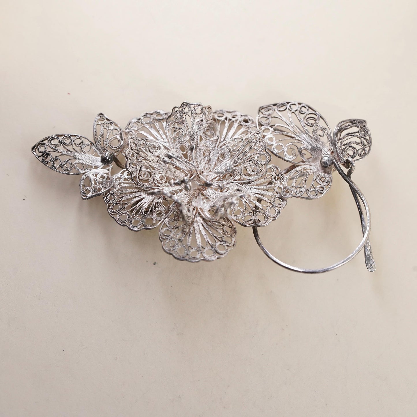 Vintage TOM Sterling silver handmade brooch, 925 filigree flower pin