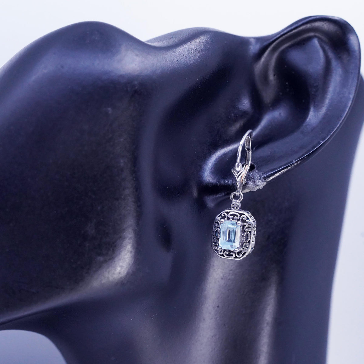 Sterling Silver Blue Topaz Earrings 925 Ornate Dangle Leverback Earrings