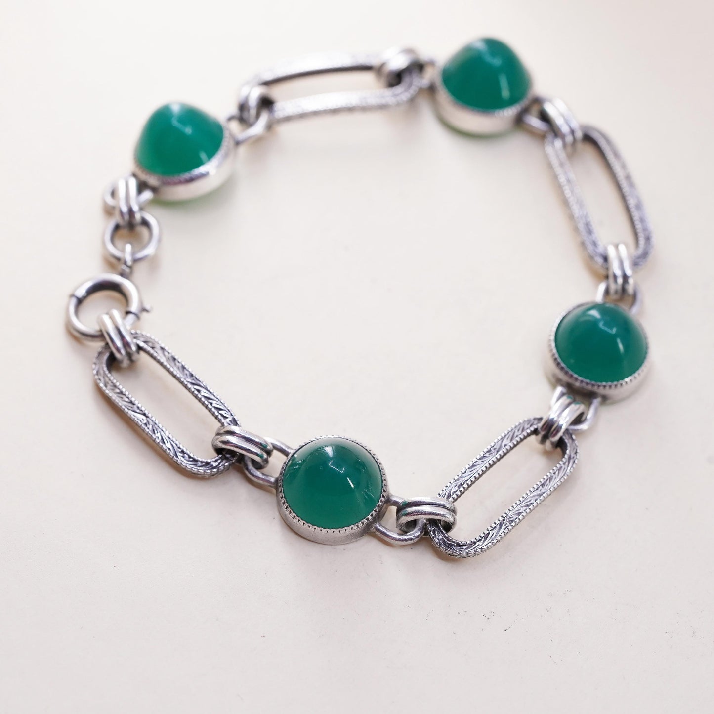 7.5”, vintage sterling 925 silver handmade textured long oval bracelet jade