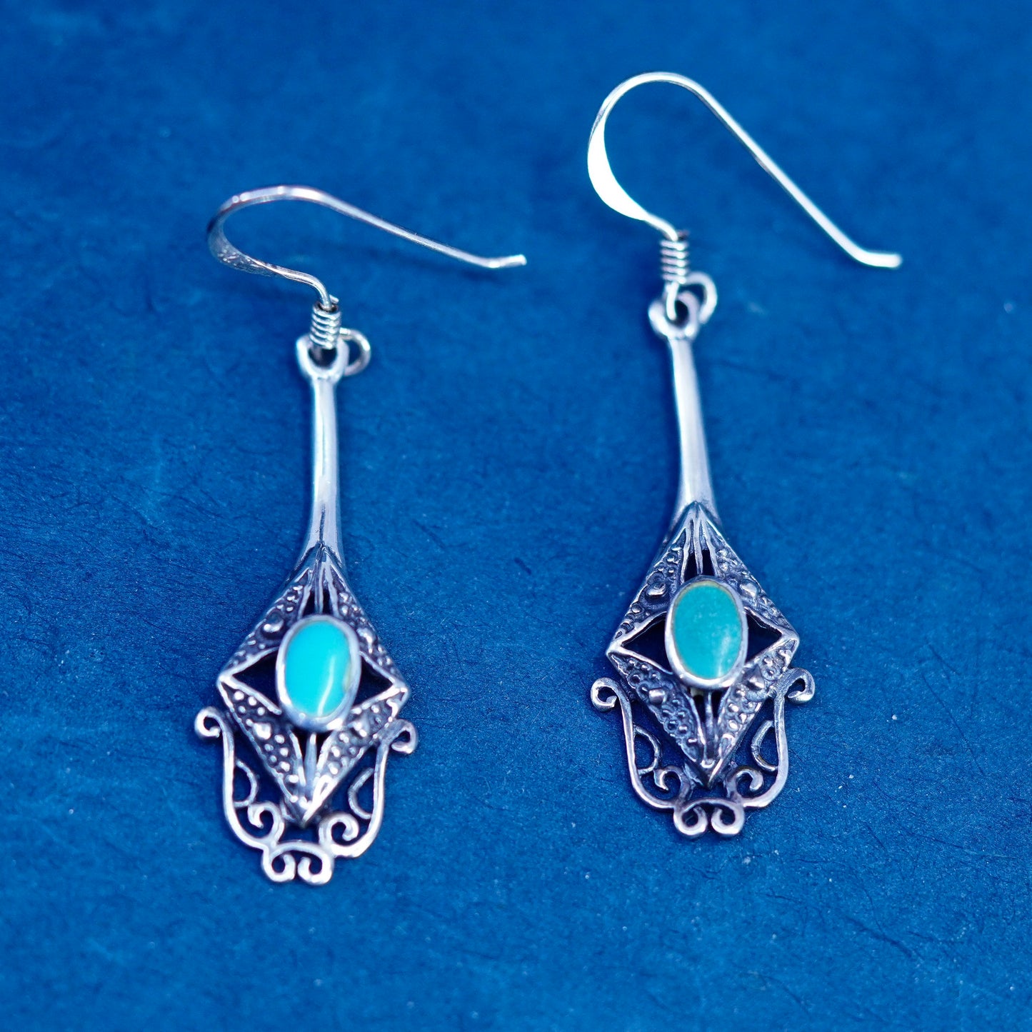 Vintage Sterling 925 silver handmade filigree earrings with turquoise