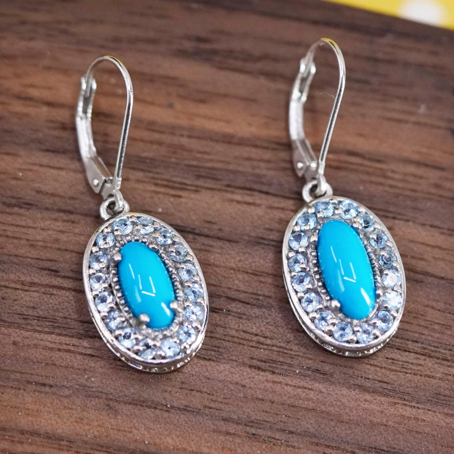 Vintage Sterling 925 silver handmade oval earrings with turquoise and blue cz