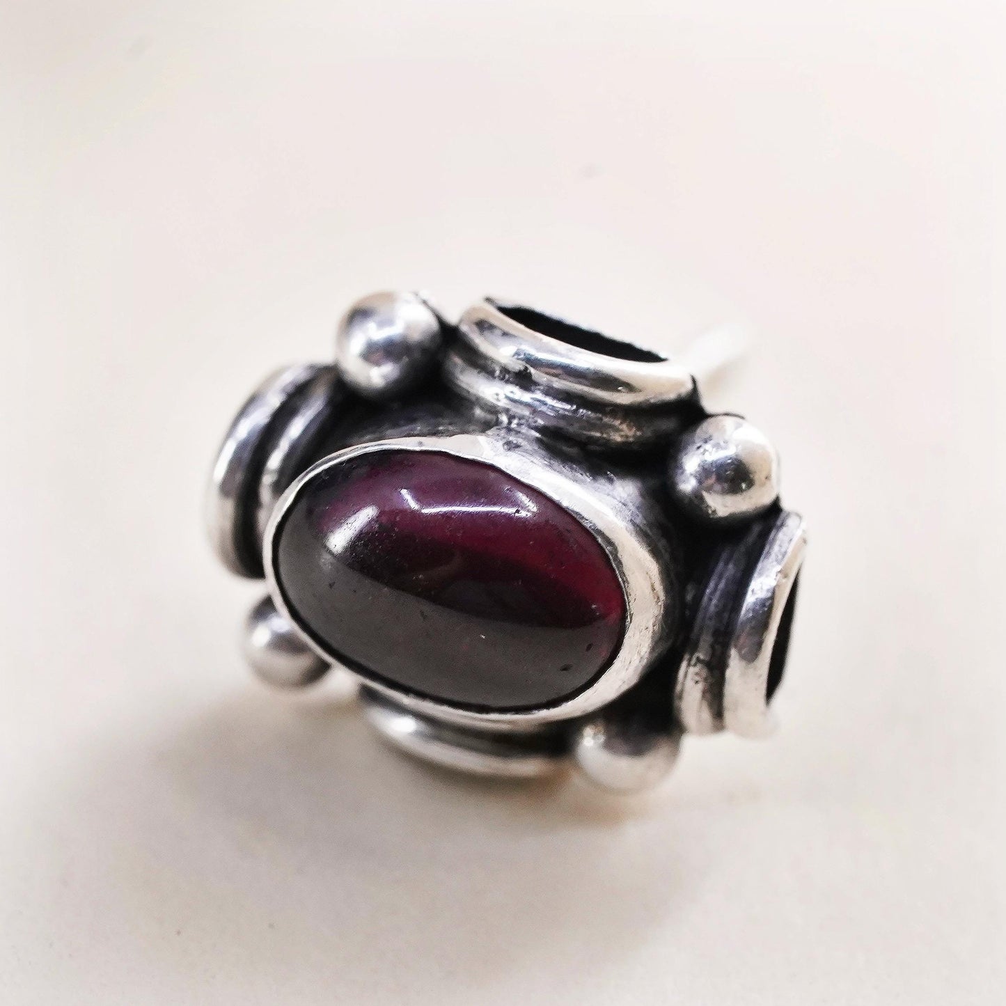 Vintage handmade single earring. Sterling 925 silver stud with garnet