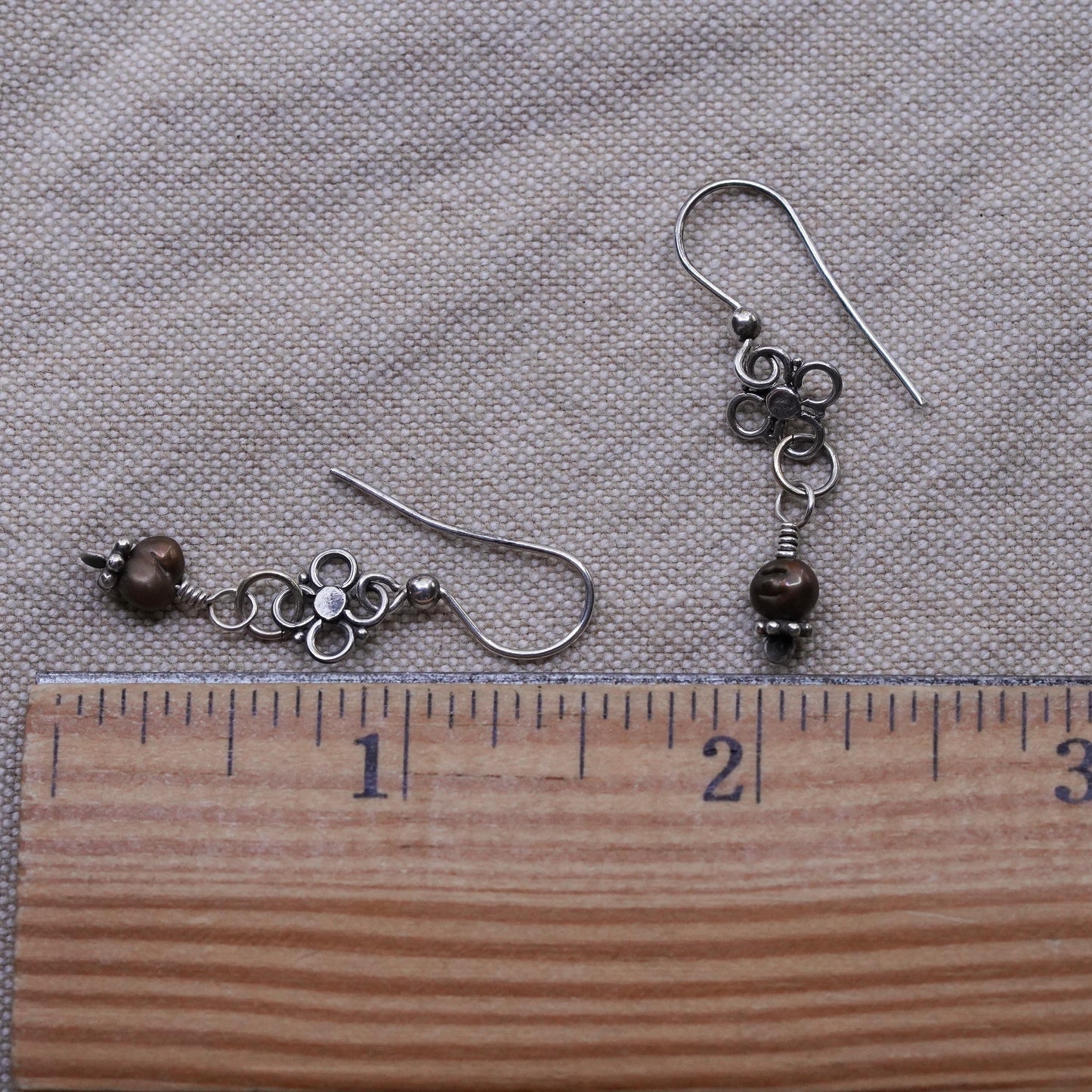 Vintage Sterling 925 silver handmade earrings with pearl and flower dangles