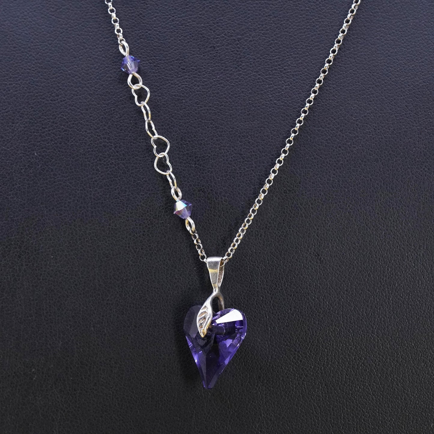 20+2”, Vintage Sterling Silver 925 circle chain necklace amethyst heart pendant