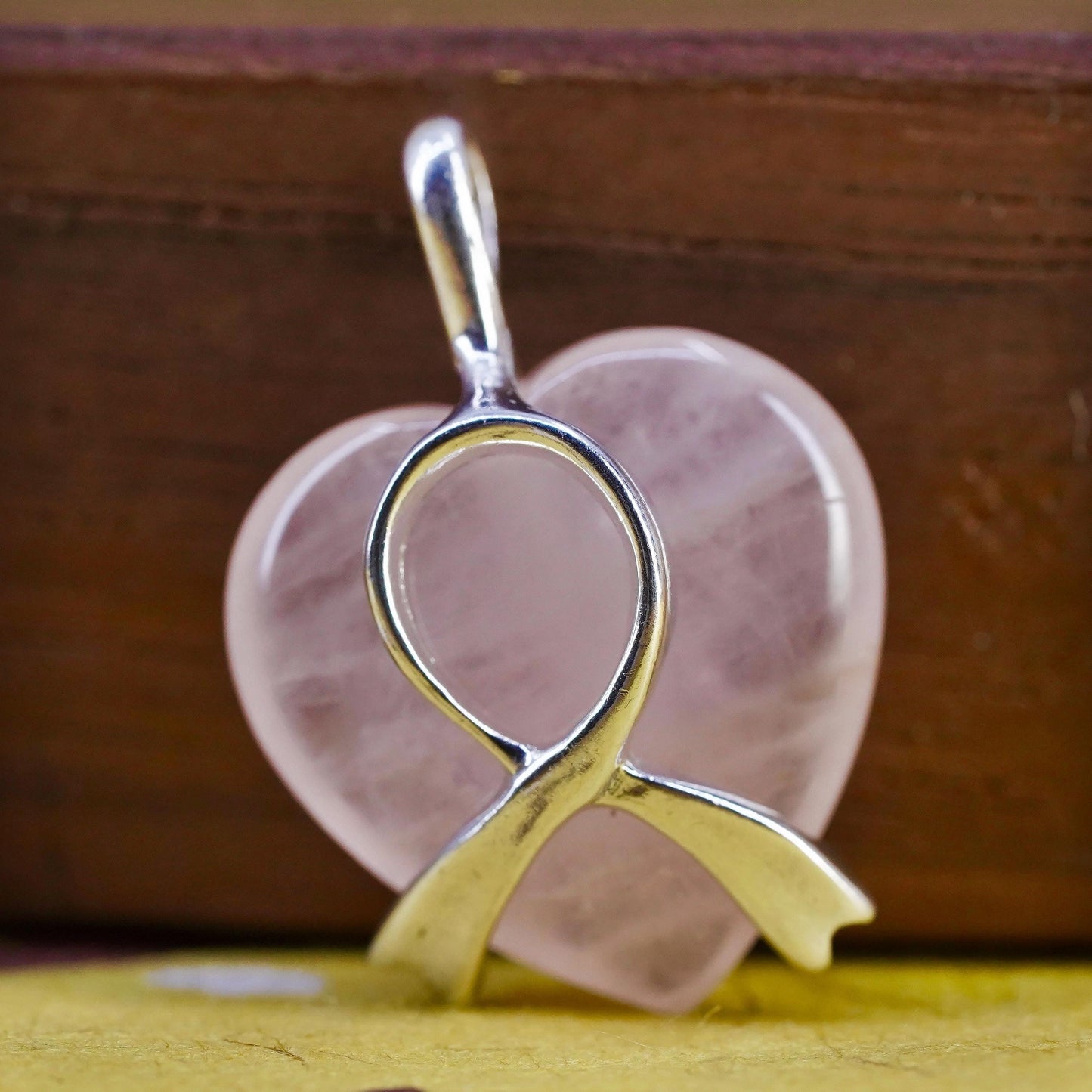 Sterling 925 silver heart pendant with pink quartz breast cancer cure ribbon