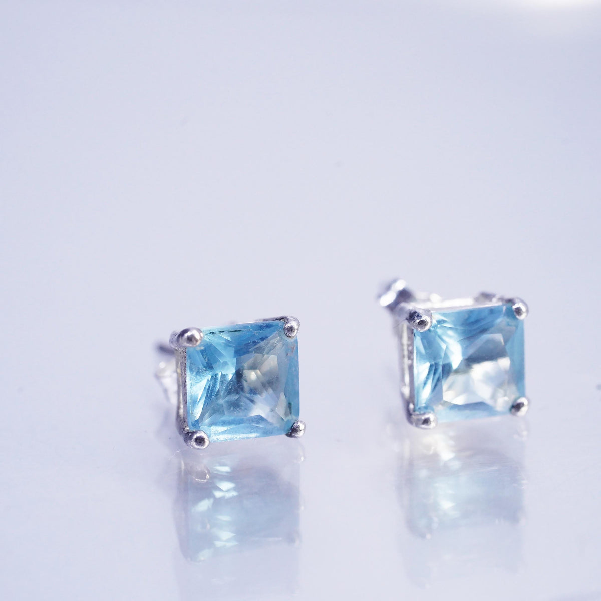 Vintage Sterling 925 silver earrings, square studs with 7mm topaz inlay