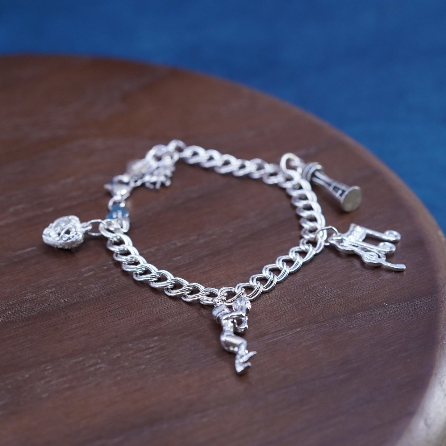6.5”, Sterling silver 925 handmade bracelet, heart, Basketball player charms,