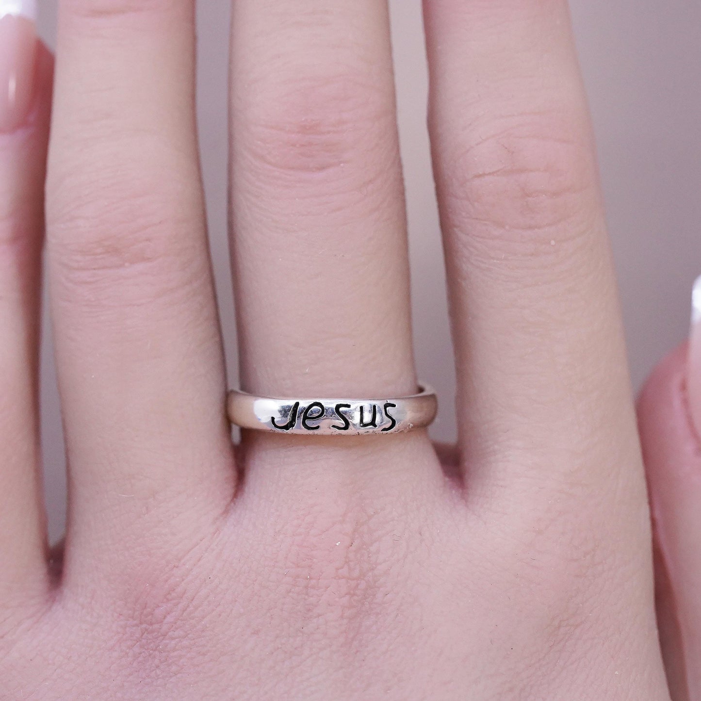 Size 8, vintage sterling silver handmade ring, 925 band with Jesus embossed
