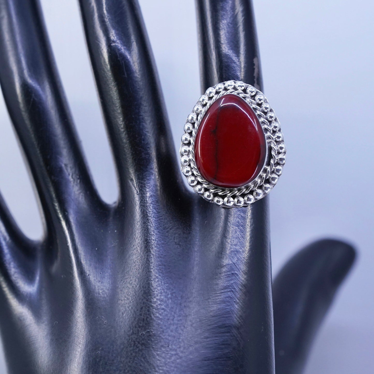 vintage southwestern Sterling 925 silver handmade ring with teardrop red jasper